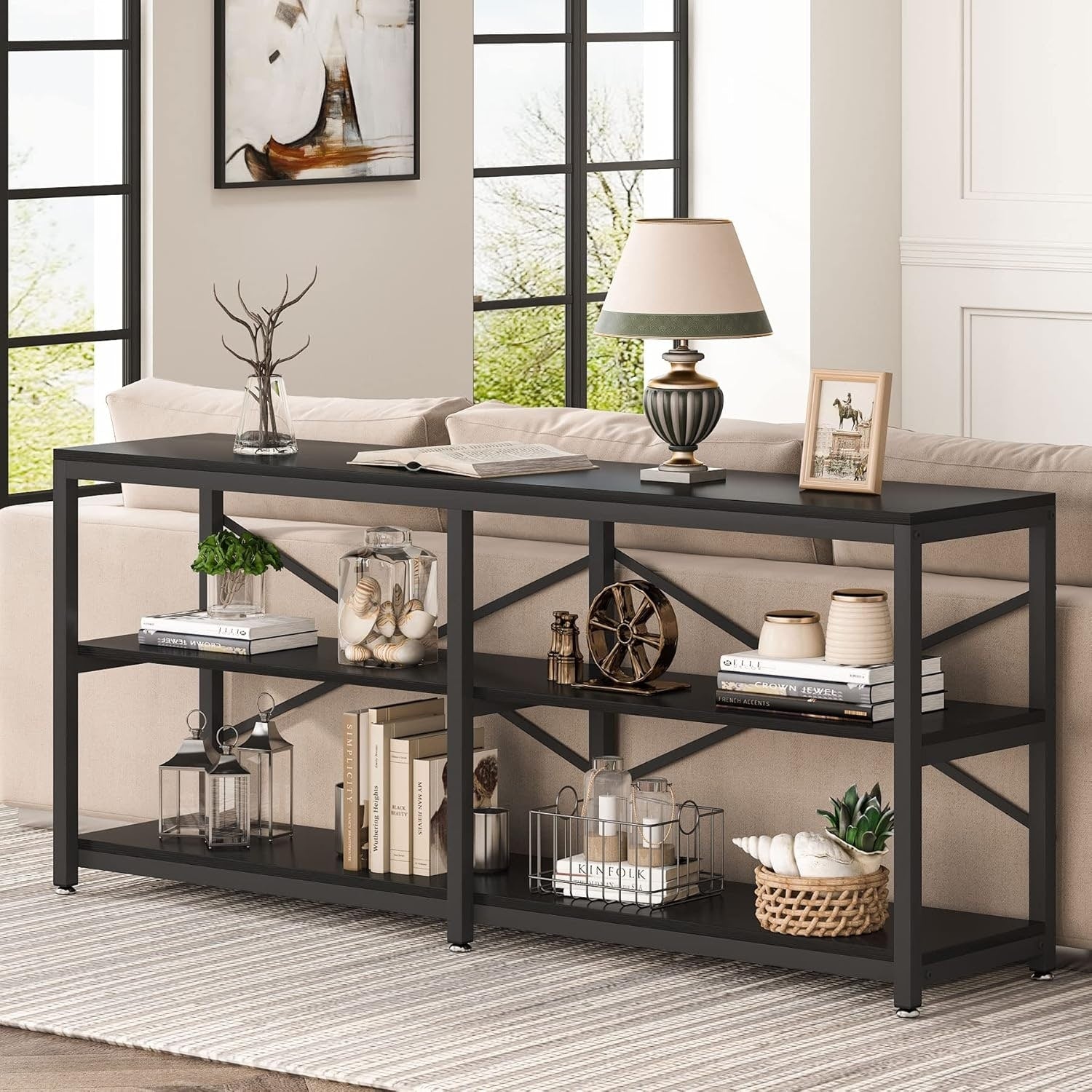70.9 Industrial 3 Tier Extra Long Console Table With Storage Shelves Metal Frame X Back Design