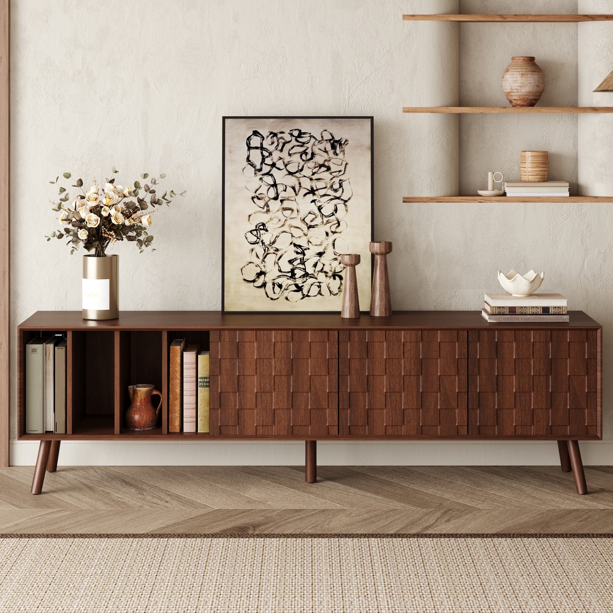 70 Mid Century Modern Tv Stand With Solid Wood Legs Ample Storage