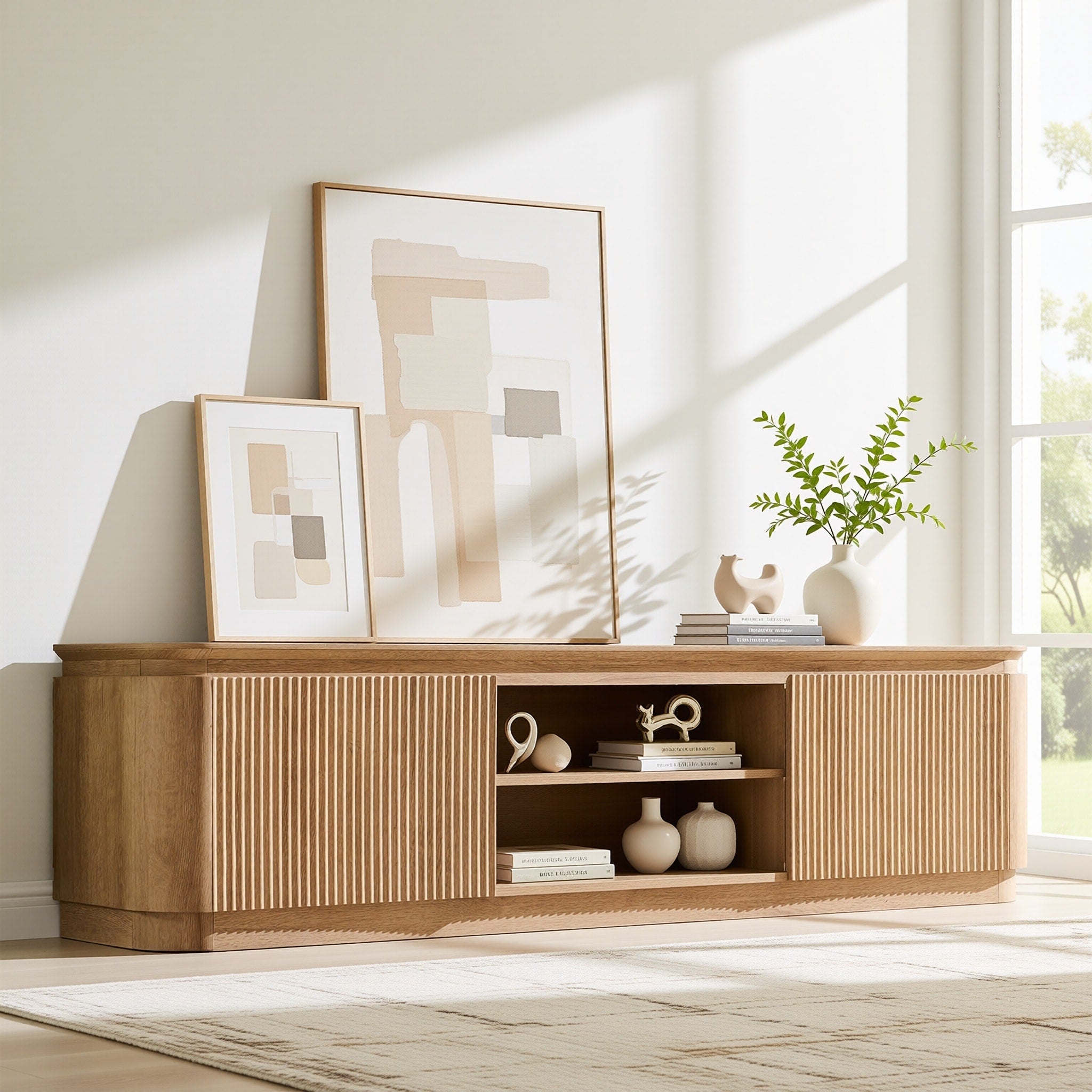 70 Modern Fluted Tv Stand Media Console Wood Entertainment Center