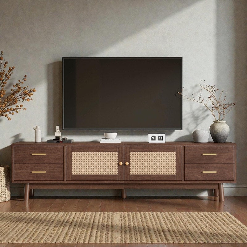 70 Modern Tv Stand For Tvs Up To 80 Media Console With Rattan Doors 4 Drawers Cable Management Storage