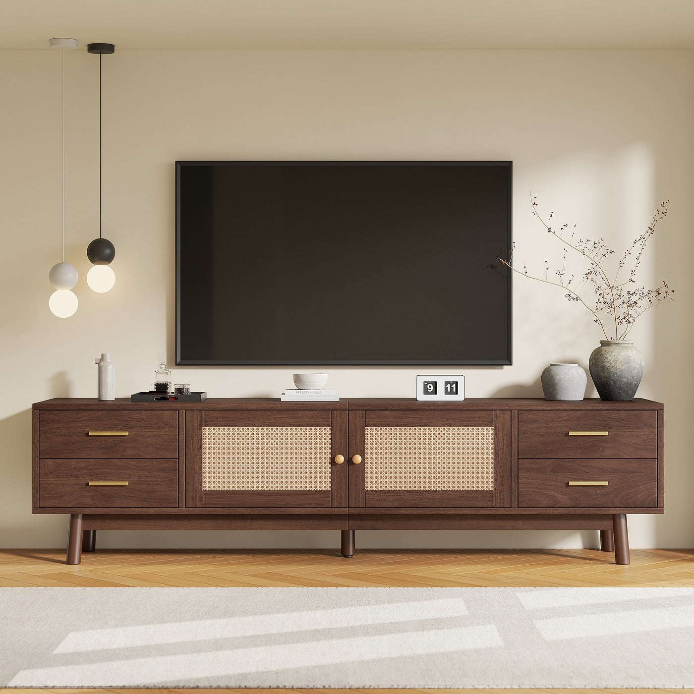 70 Modern Tv Stand With Rattan Doors And 4 Drawers For Tvs Up To 80 In 8 X 10