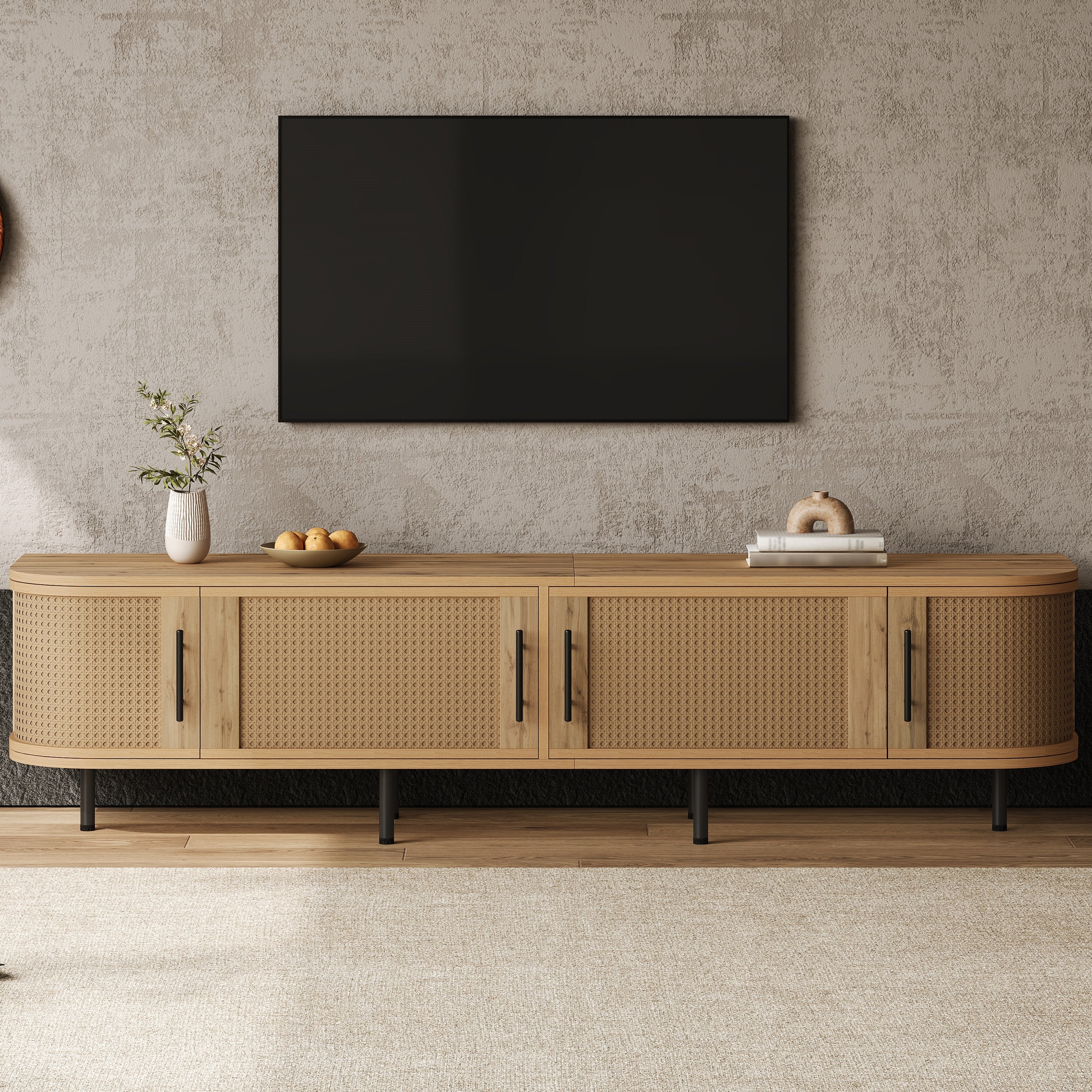 70 Modern Tv Stand With Rattan Doors Media Console With Storage Space And Cable Holes Entertainment Center For Living Room