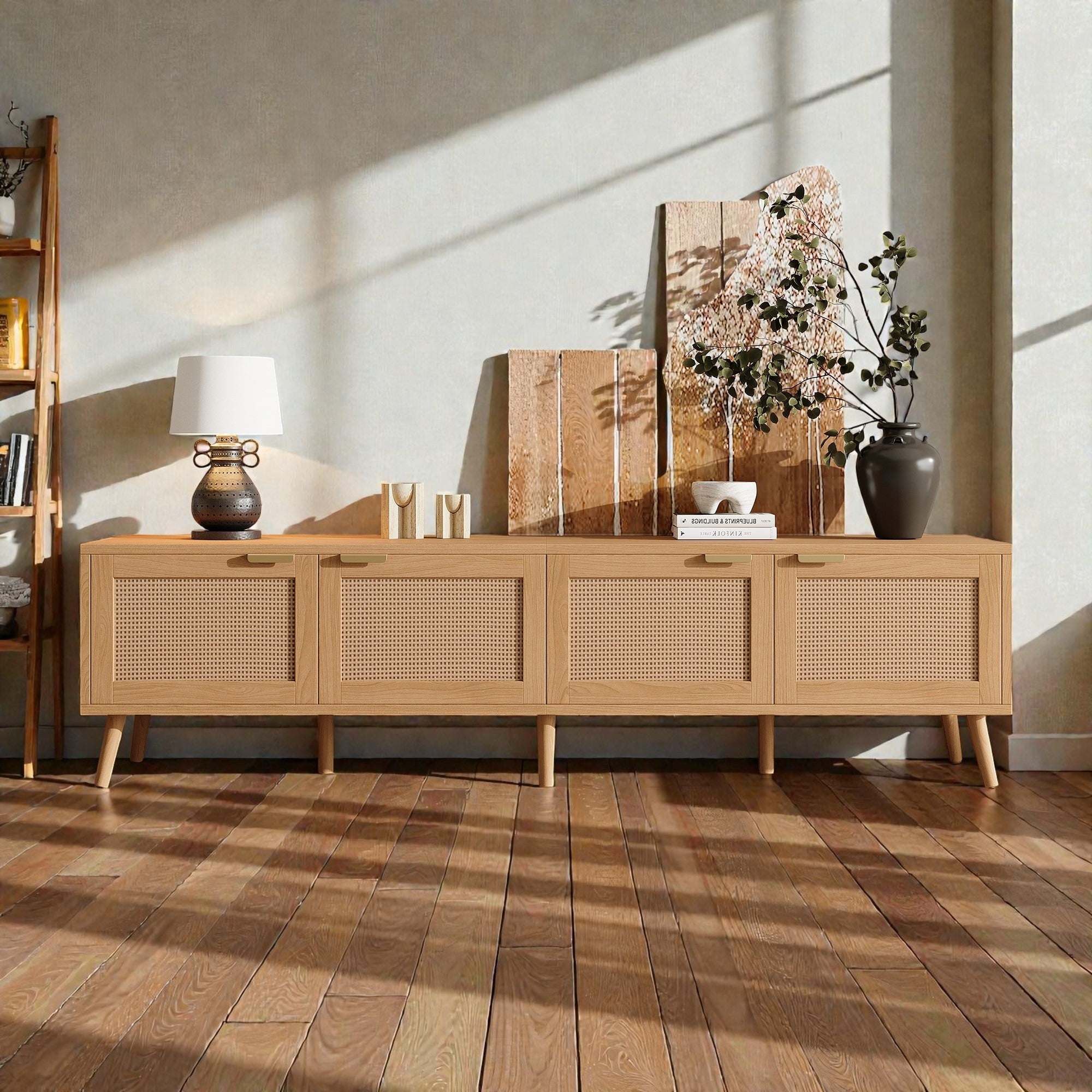 70 Rattan Tv Stand For Tvs Up To 80 Modern Media Console With Storage Cabinets Cable Holes Solid Wood Legs