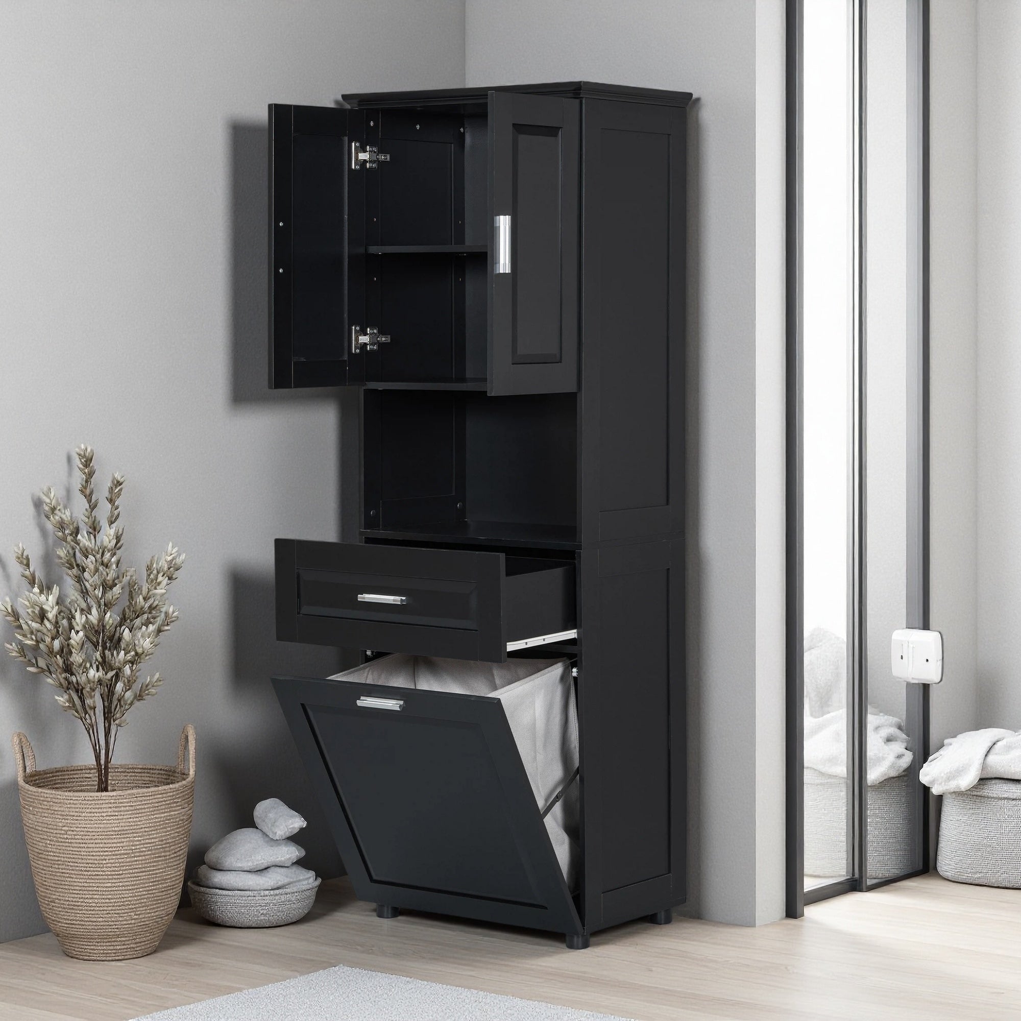 70 H Tall Bathroom Cabinet With Laundry Basket Large Storage Space Tilt Out Laundry Hamper And Upper Storage Cabinet