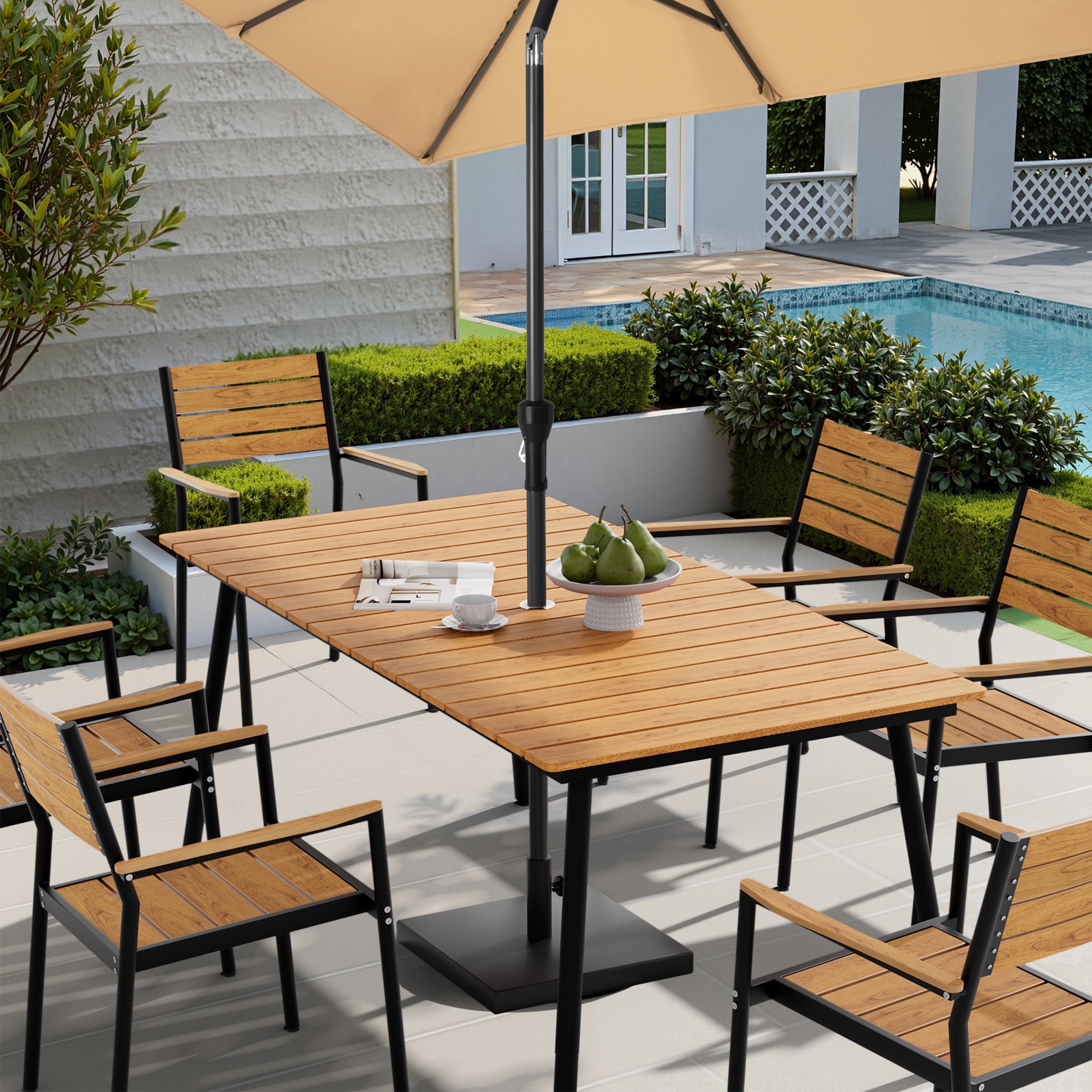 70In Outdoor Patio Rectangle Aluminum Wood Like Dining Table With Umbrella Hole