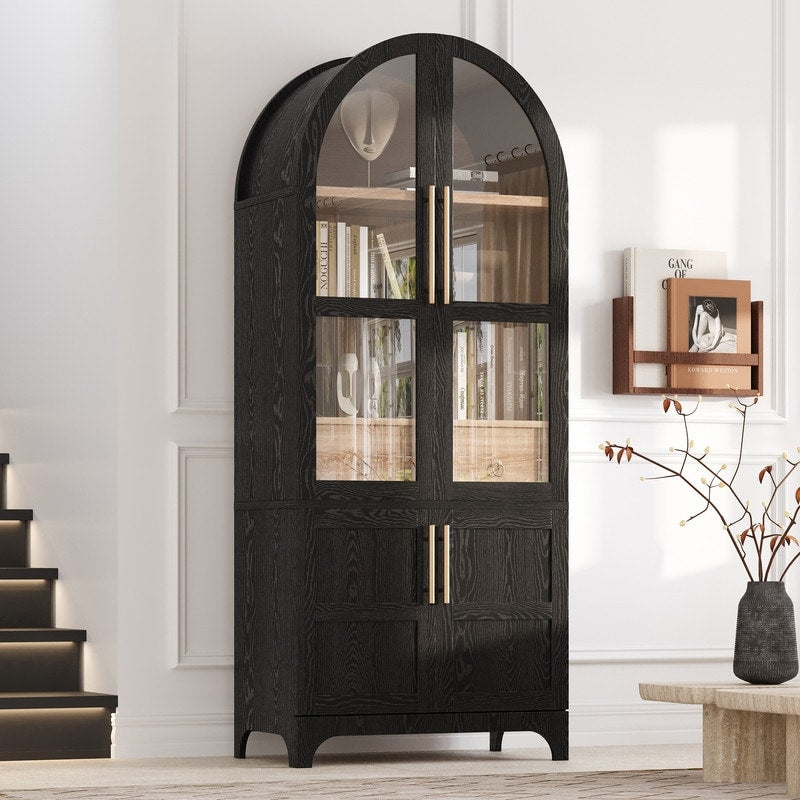 71 Arched Cabinet With Glass Door Open Shelves And Hidden Drawer For Kitchen Dining Room