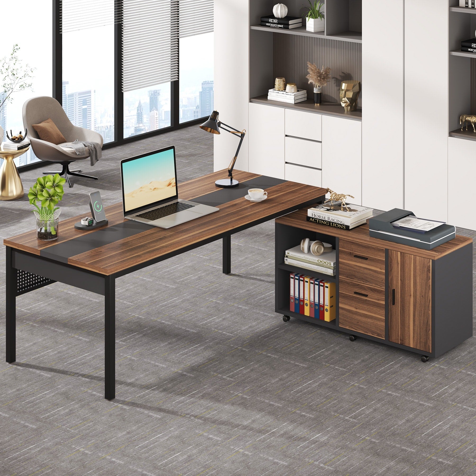 71 Inch Executive Desk With Mobile File Cabinet L Shaped Desk With Drawers Shelves Large Computer Desk For Home Office
