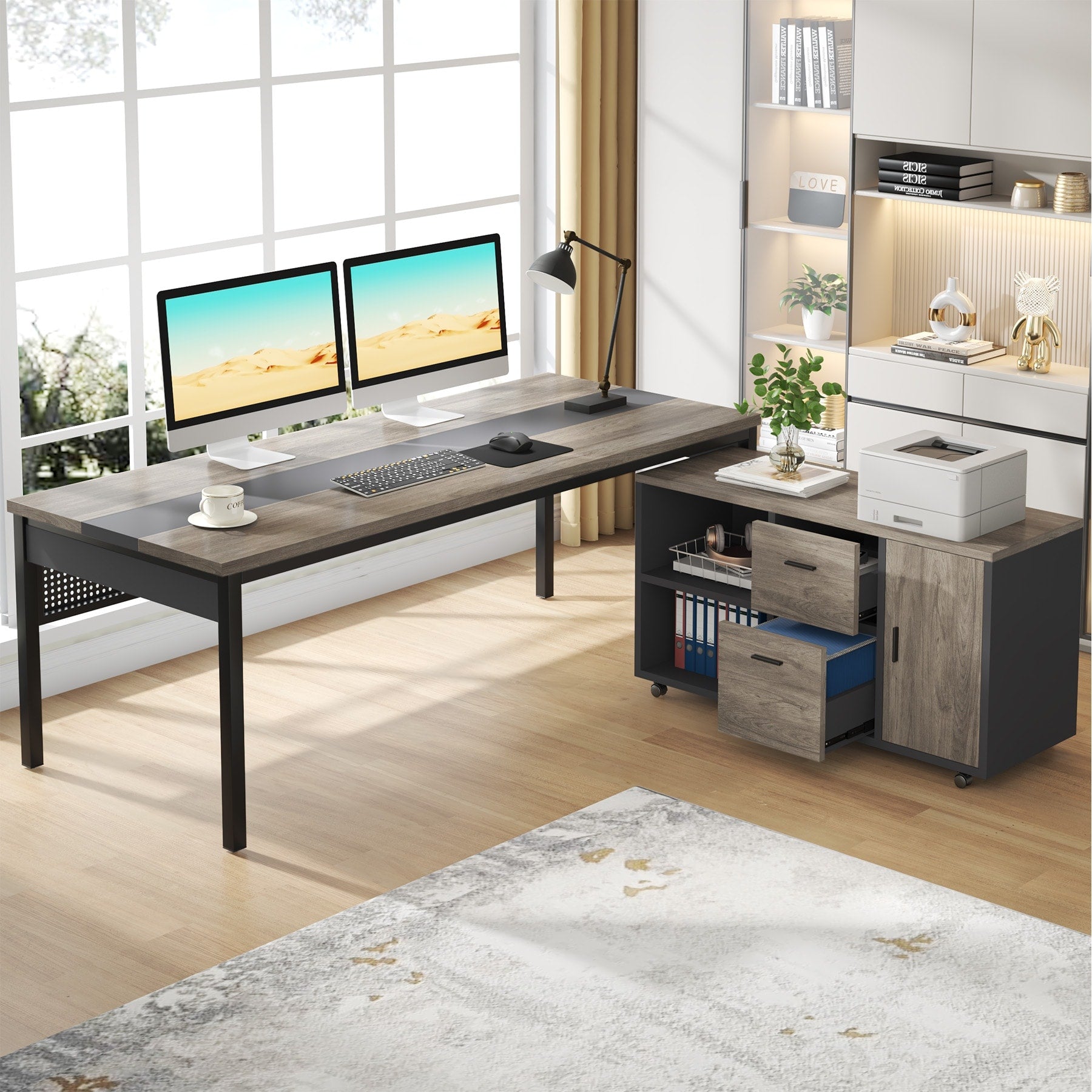71 Inch Long Executive Desk With Drawers Mobile File Cabinet L Shaped Office Desk With Storage For Home Office