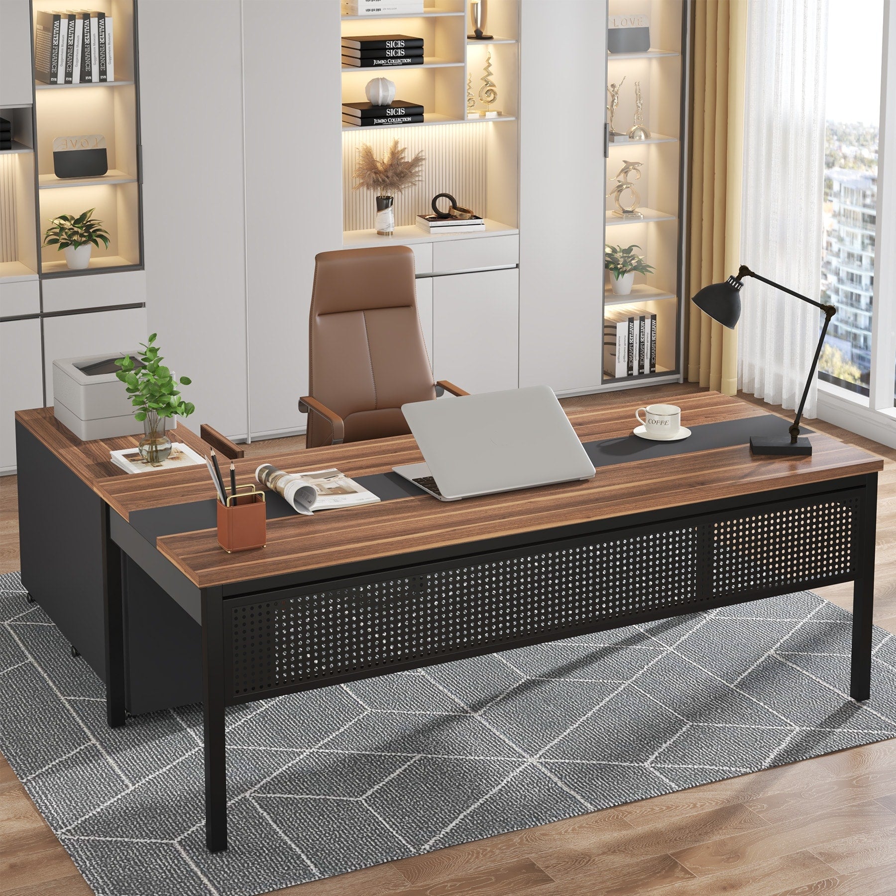 71 Inch Long Office Desk With Drawers Mobile File Cabinet L Shaped Executive Desk With Storage For Home Office