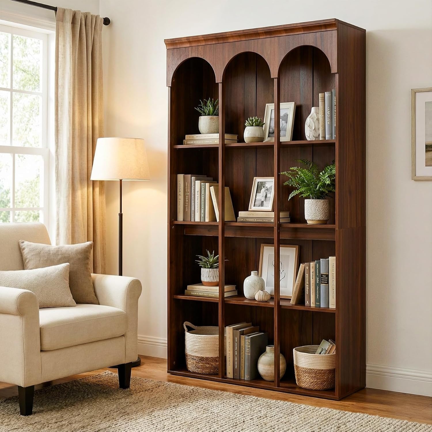 71 Inch Tall Arched Bookcase Mid Century Modern Bookshelvf For Living Room Home Office Walnut Brown