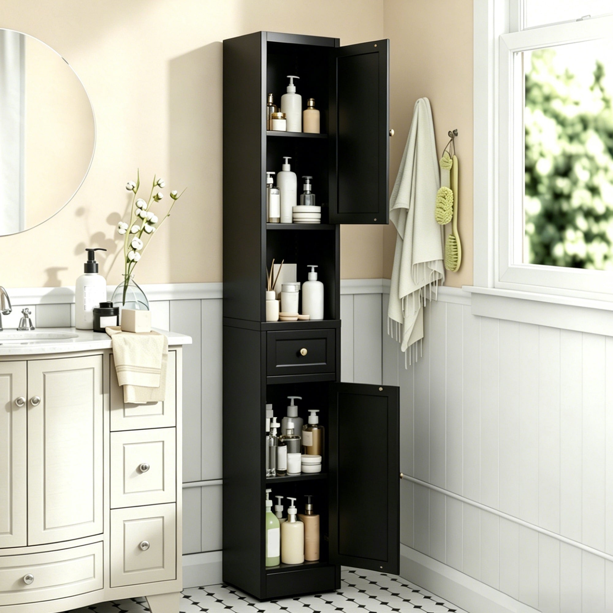 71 Inch Tall Bathroom Storage Cabinet 5 Tier Narrow Metal Cabinet With 2 Doors Adjustable Shelves Freestanding Cabinet