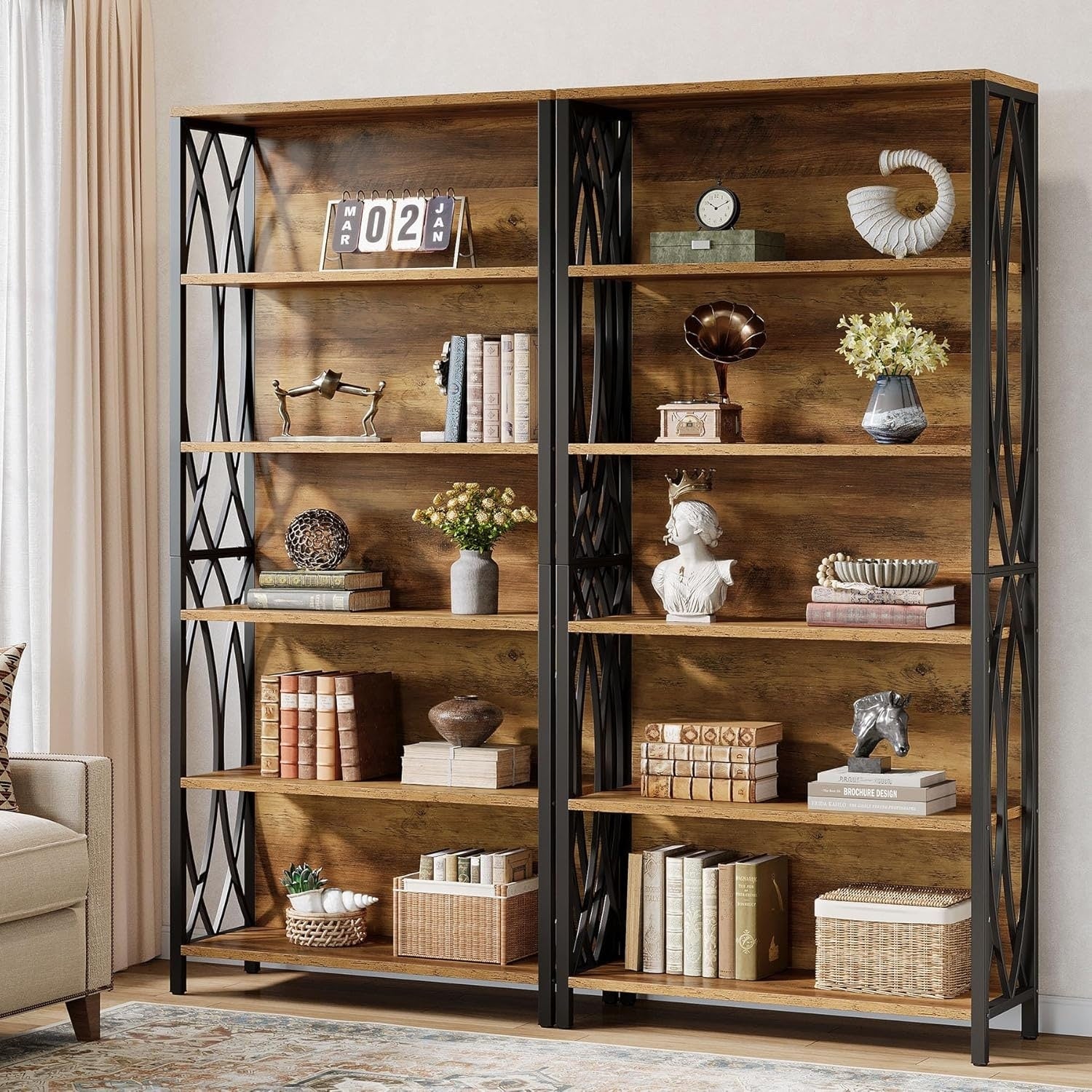 71 Inch Tall Bookshelf With Geometric Metal Frame For Home Office Living Room