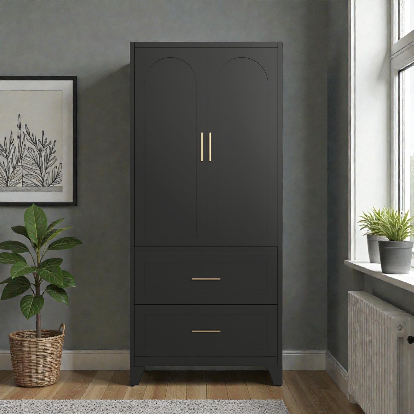 71 Inch Tall Metal Wardrobe Cabinet With 2 Drawers And Hanging Rod 2 Door Steel Closet With Shelf For Bedroom