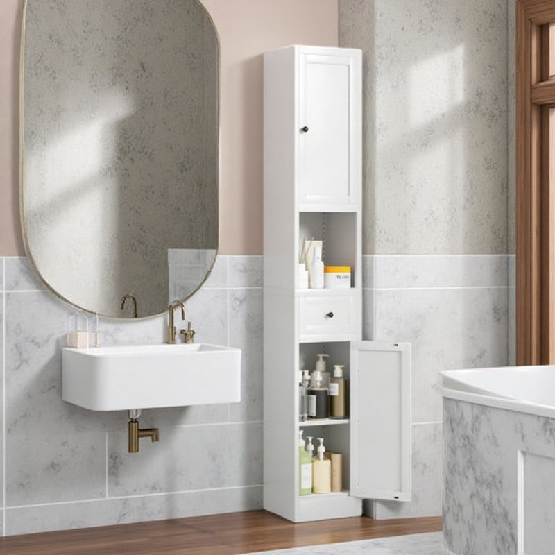 71 Inch Tall Narrow Metal Storage Cabinet With 5 Tier Shelving Freestanding Bathroom Organizer With 2 Doors Adjustable Shelves