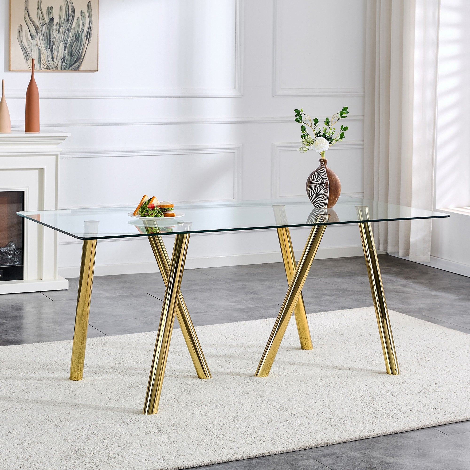 71 Inch Tempered Glass Dining Table With Sturdy Metal Legs