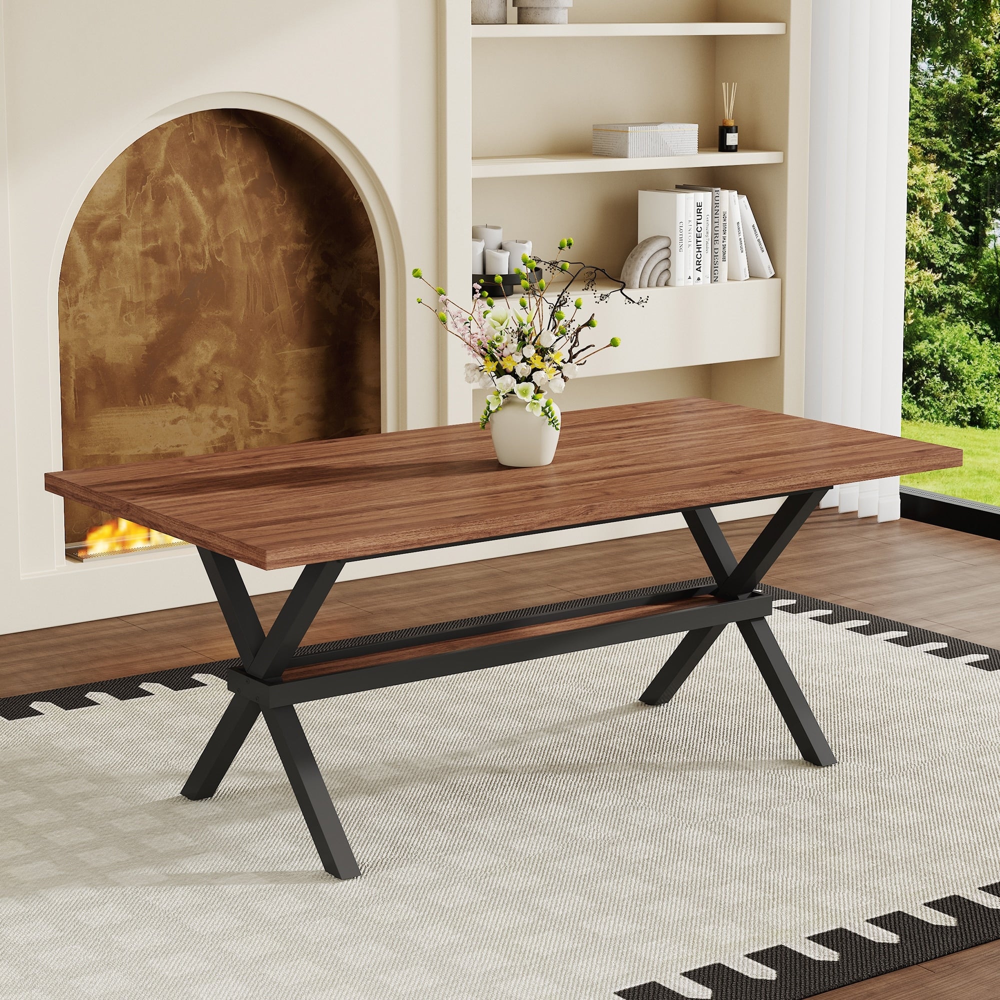 71 35.4 Mdf Splicing Desktop With X Shaped Metal Frame Dining Table Modern Multifunctional Dining Table For 6 8 People