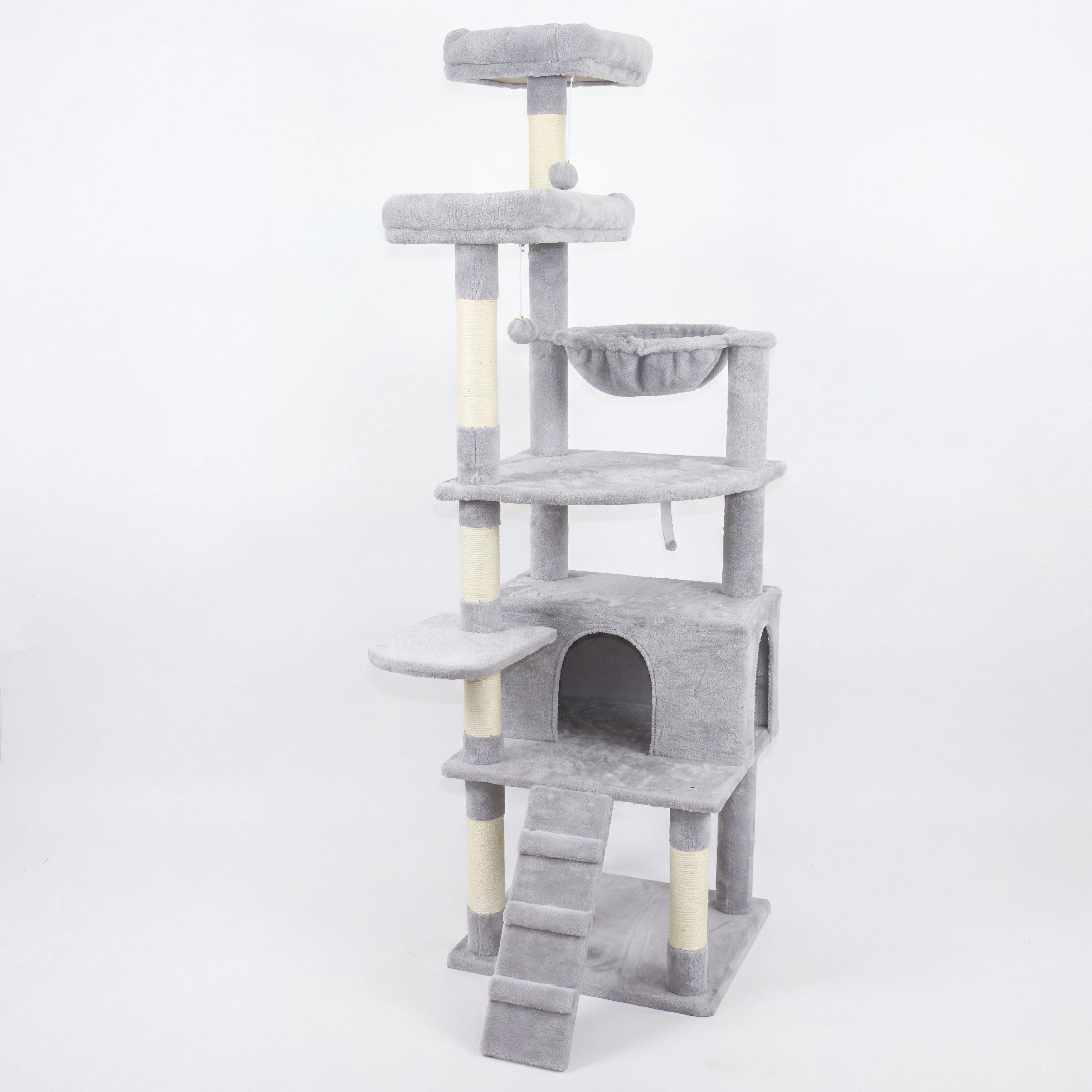 71 In Tall Cat Tree With Hammocks 2 Top Platform Cat Cave Scratching Posts Plush Cat Tower For Indoor Cats Gray