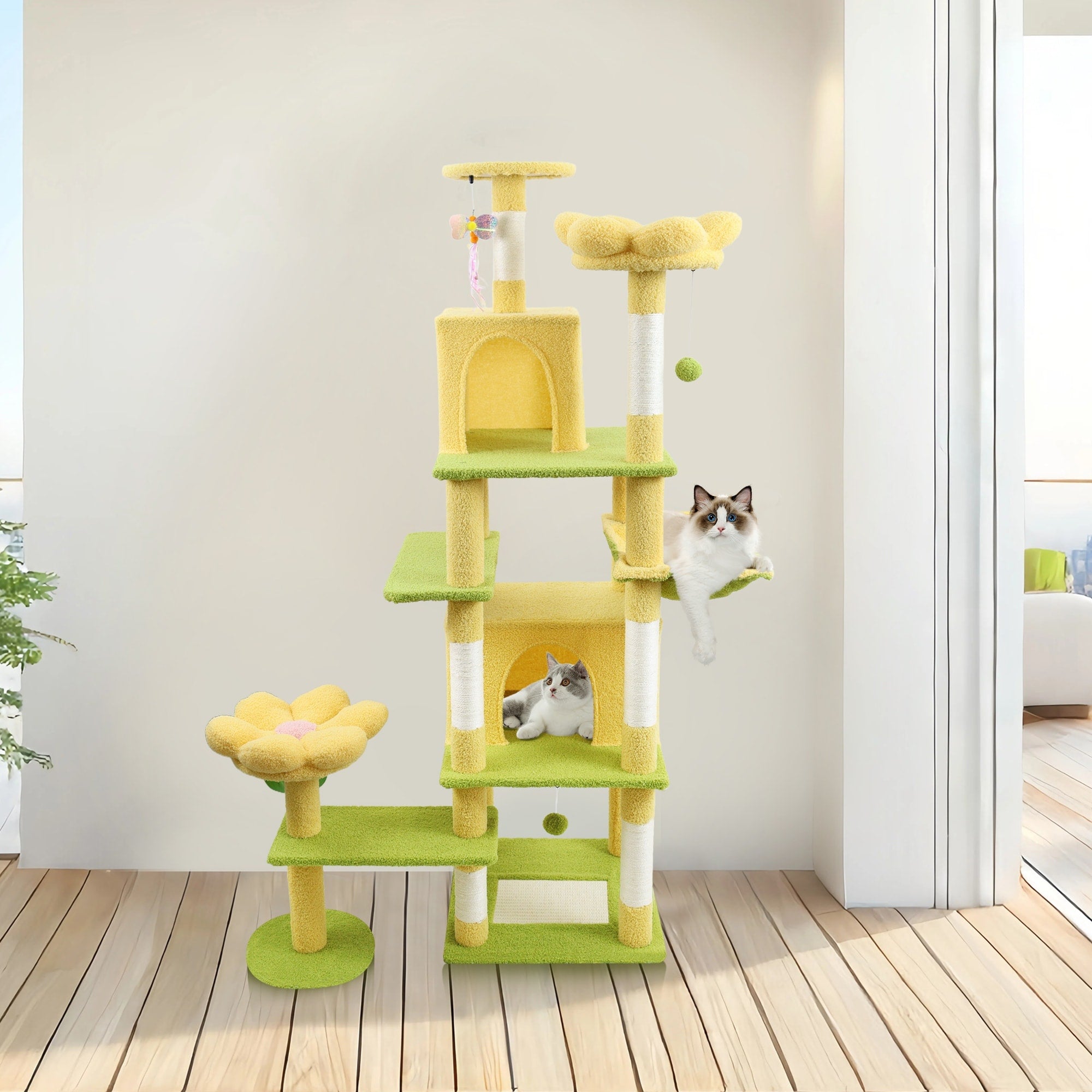 71 Inch Flower Cat Tree With Large Condo Removable Flower Cushion And Hammock