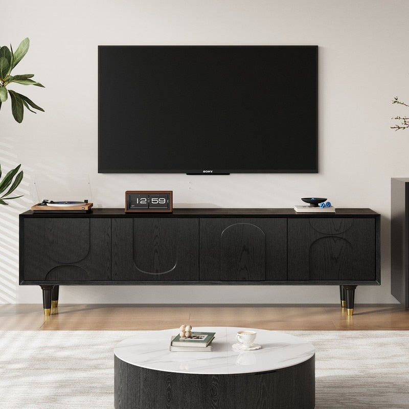 71 Black Mid Century Modern Tv Stand For 75 Inch Tv Media Console Entertainment Center With 4 Doors And Solid Wood Legs