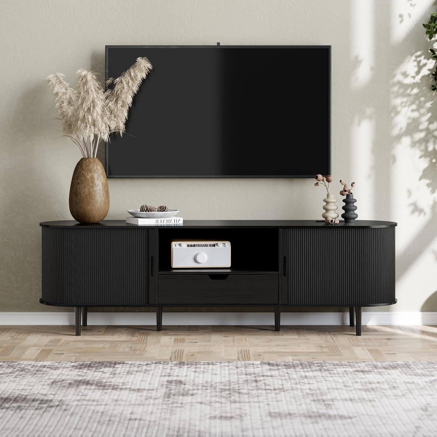 71 Fluted Tv Stand With Power Outlet For Tvs Up To 80 Mid Century Modern Tv Console With Adjustable Shelves And Sliding Door