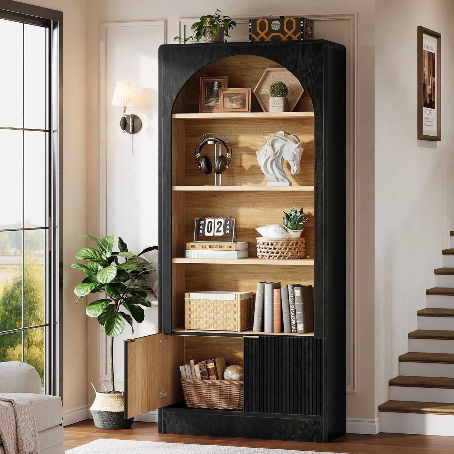 71 Tall 5 Tier Modern Arched Black Bookcase With Cabinet And Fluted Cabinet 11.81 D 31.5 W 70.87 H