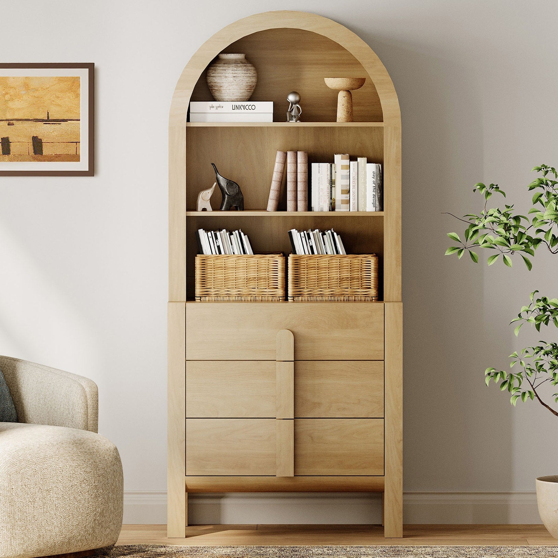 71 Tall Arched Bookshelf Modern 3 Tier Bookcase With Open Storage Wooden Display Cabinet With Drawer And Adjustable Shelves