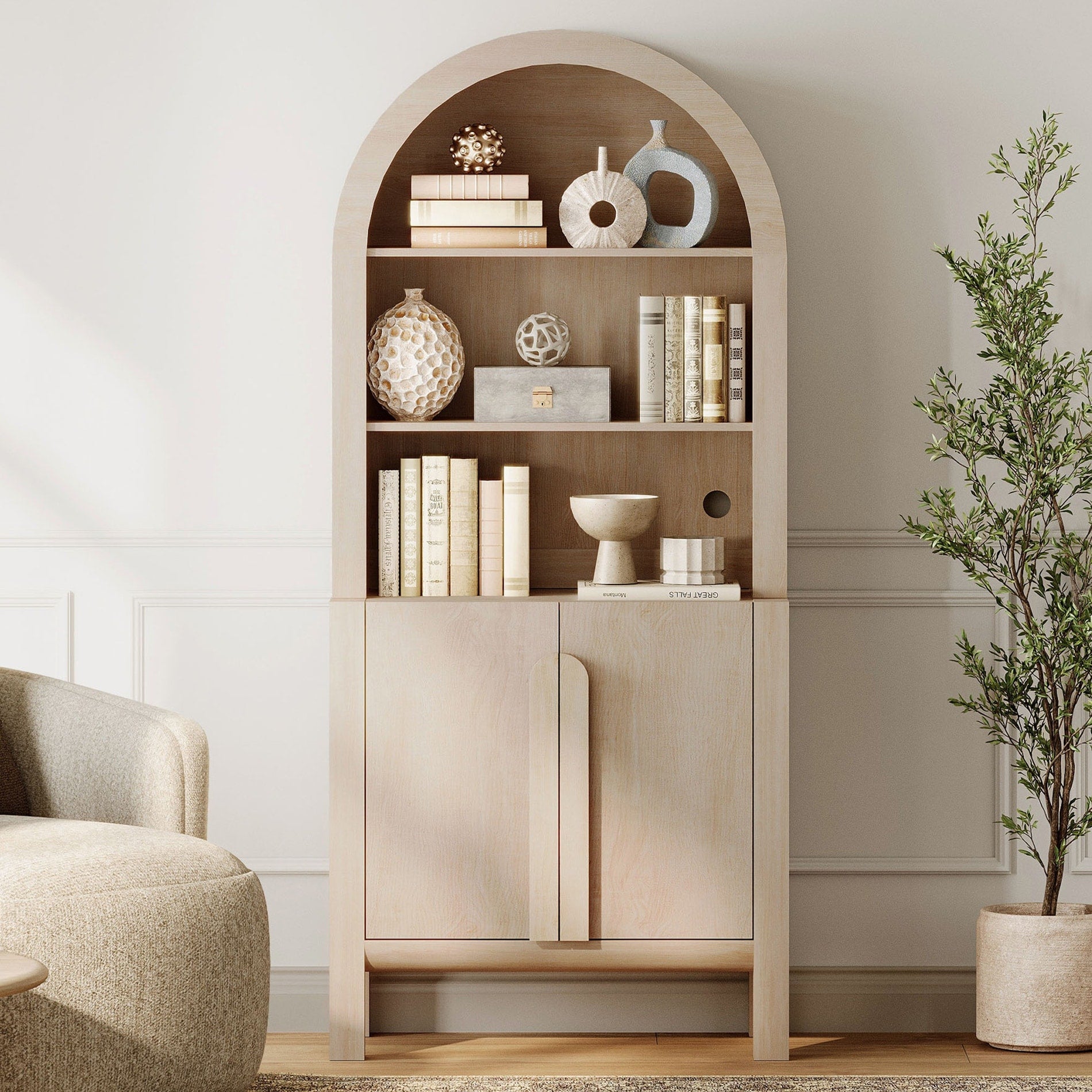 71 Tall Arched Bookshelf Modern 5 Tier Bookcase With Cabinet Wooden Display Cabinet With Doors And Adjustable Shelves