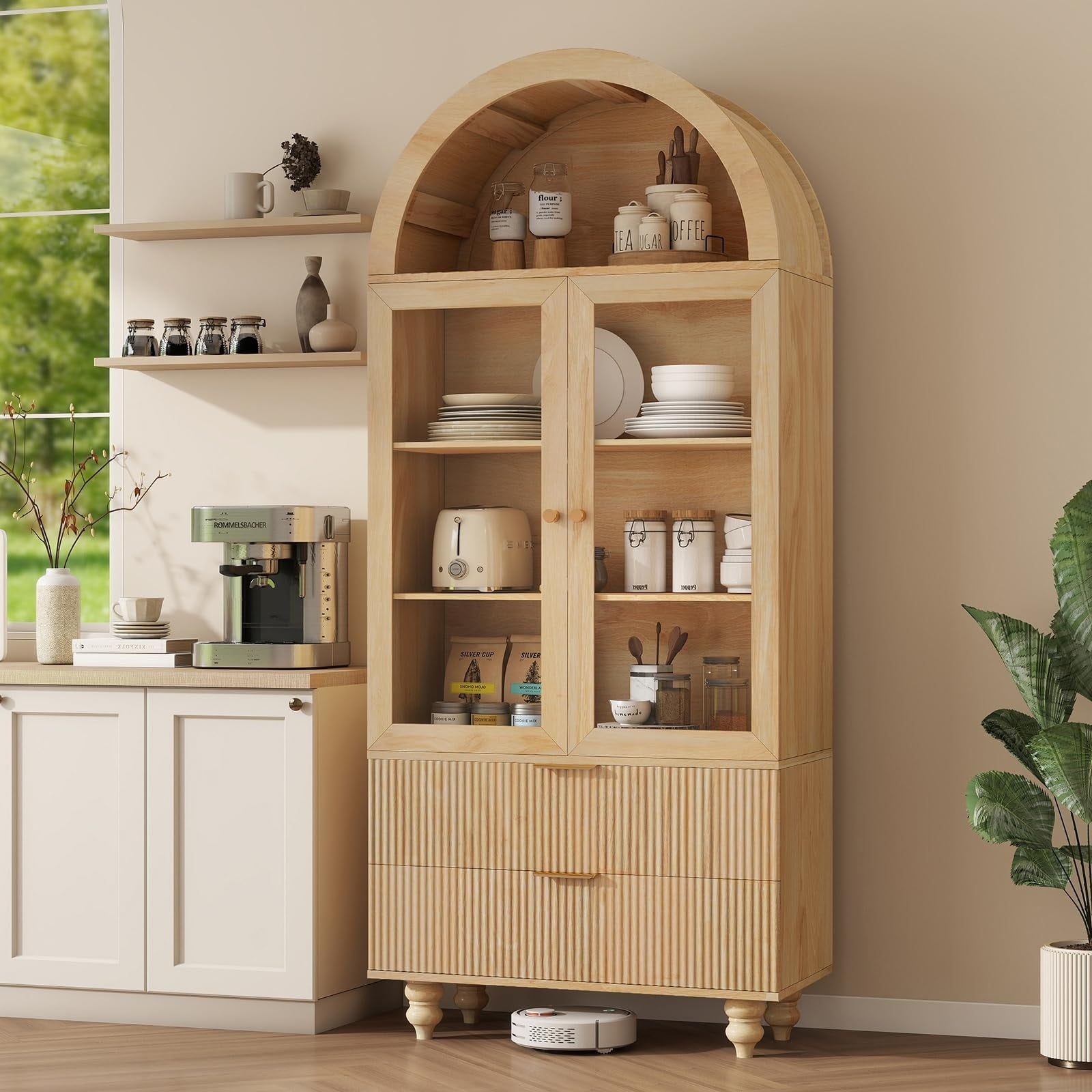 71 Tall Arched Pantry Cabinet With Glass Door With Shelves And Large Drawers