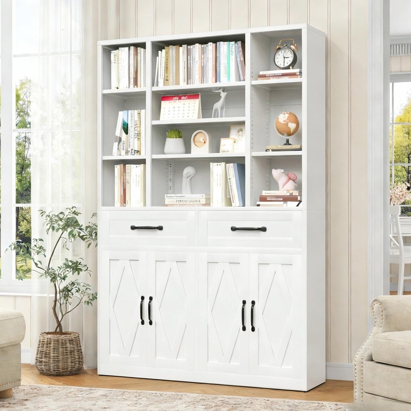 71 Tall Bookcase With Doors Drawers And Adjustable Open Shelves