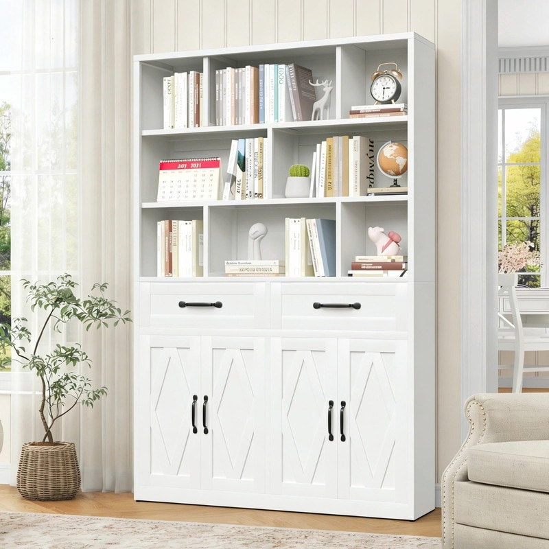 71 Tall Metal Bookcase With 2 Doors 2 Drawers And Open Shelves