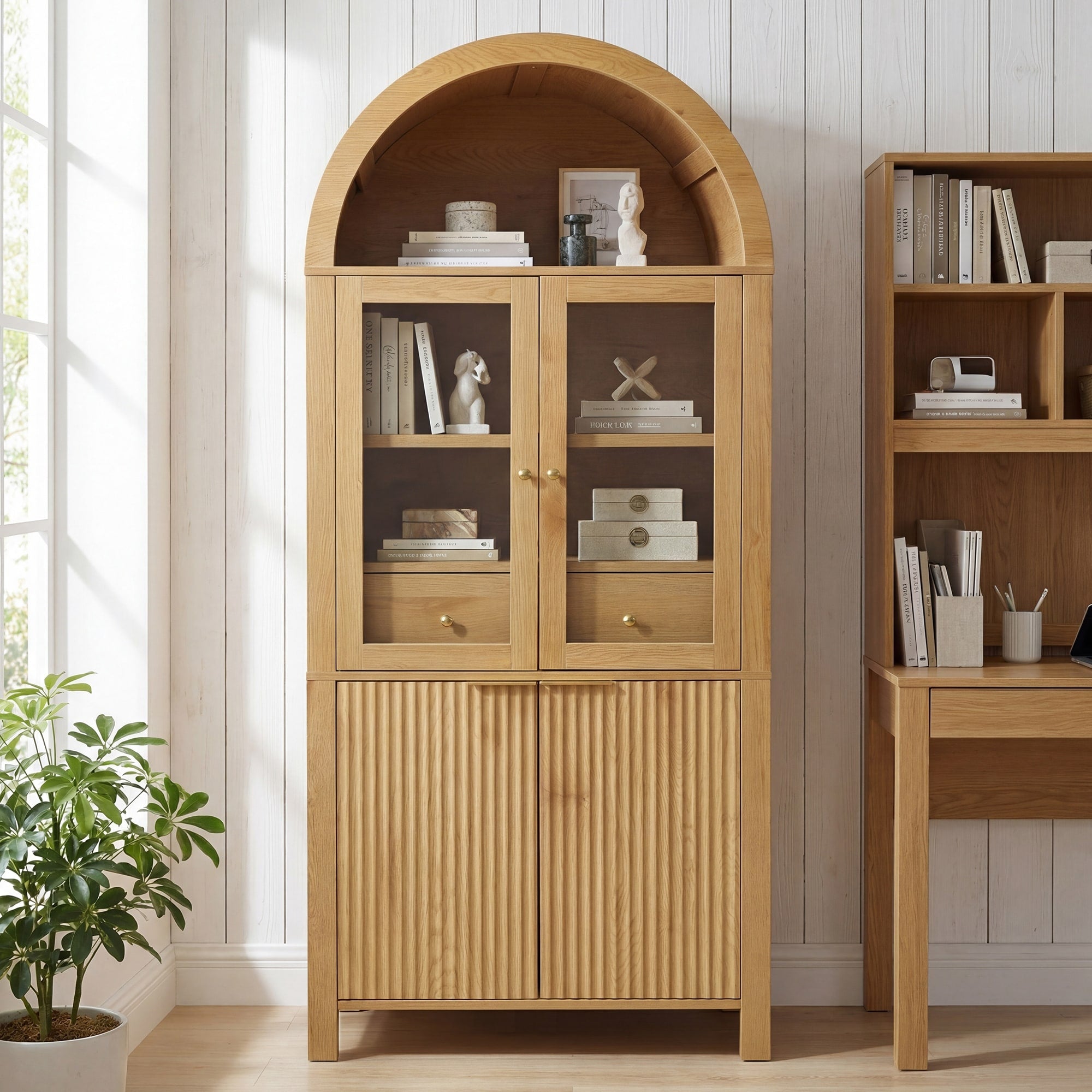 71 Fluted Tall Arched Pantry Cabinet With Adjustable Shelves Elegant Display Storage With Hidden Drawer Glass Door