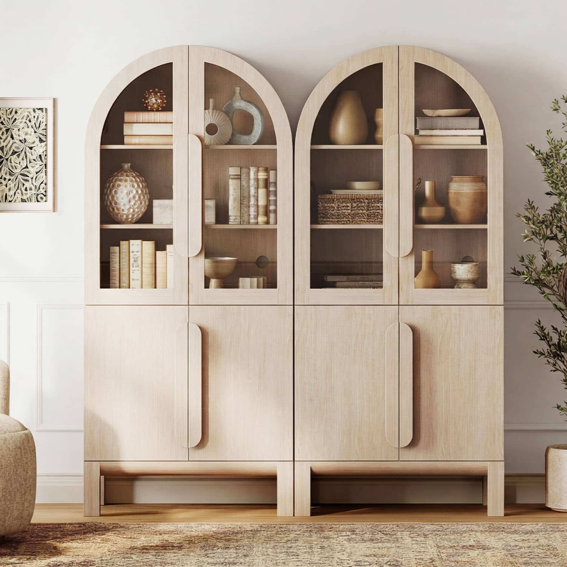 71 H Arched Bookshelf Modern 5 Tier Bookcase With Cabinet Wooden Display Cabinet With Glass Doors And Adjustable Shelves