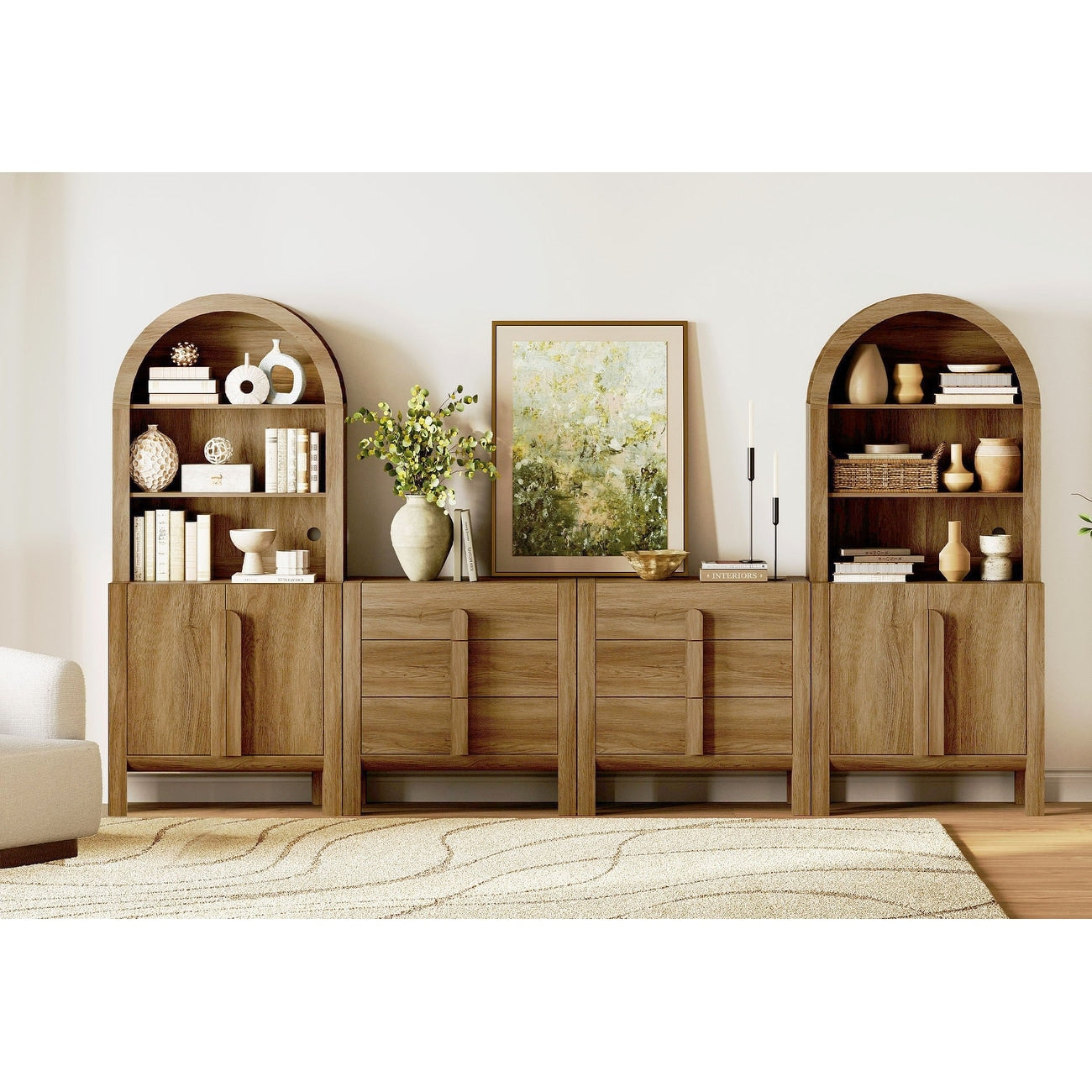 71 H X 126 W Tall Arched Bookshelf With 6 Drawers And 2 Cabinets Modern 5 Tier Bookcase With Open Storage