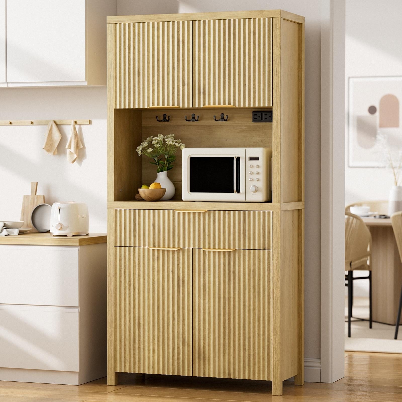 71 Pantry Storage Cabinet With Drawer Charging Station And Open Countertop For Dining Living Room