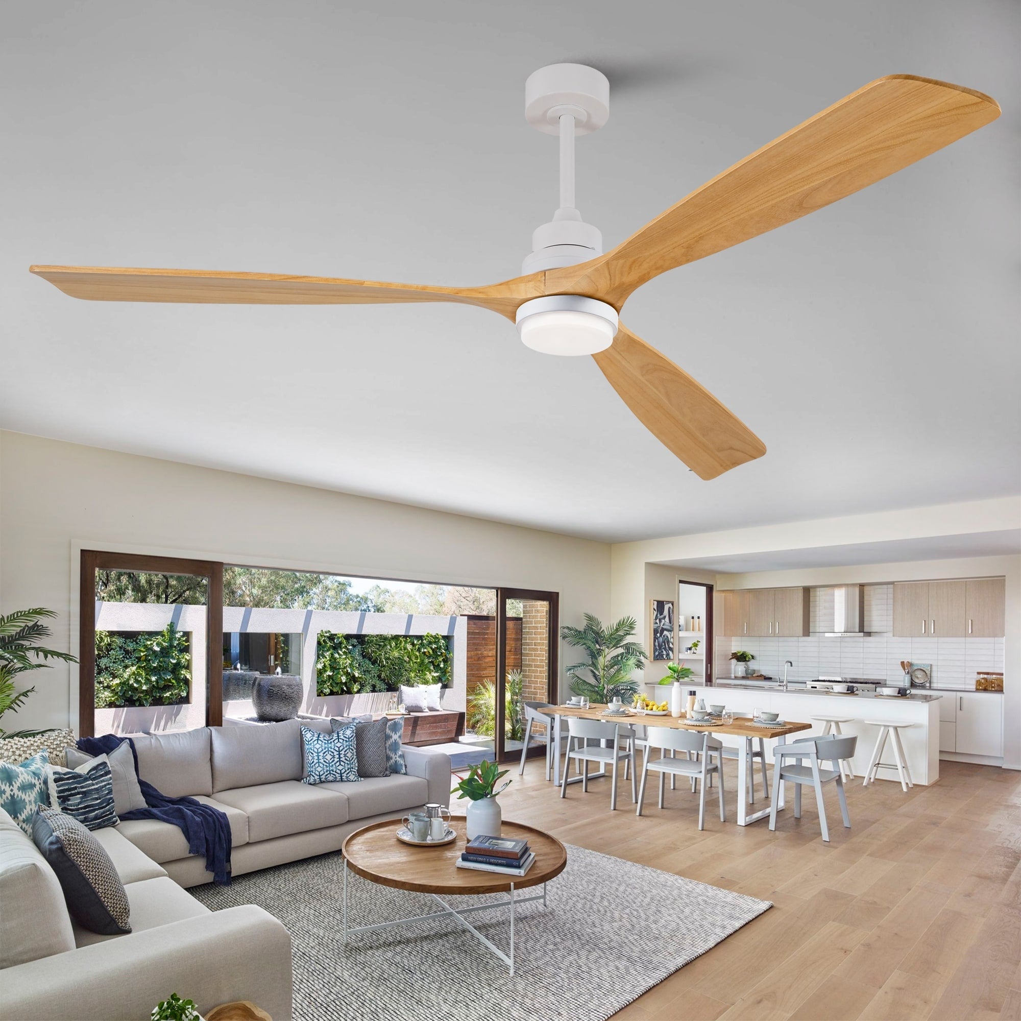 72 Inch Modern Ceiling Fan With 3 Color Dimmable 3 Solide Wood Blades Remote Control Reversible Dc Motor With Led Light