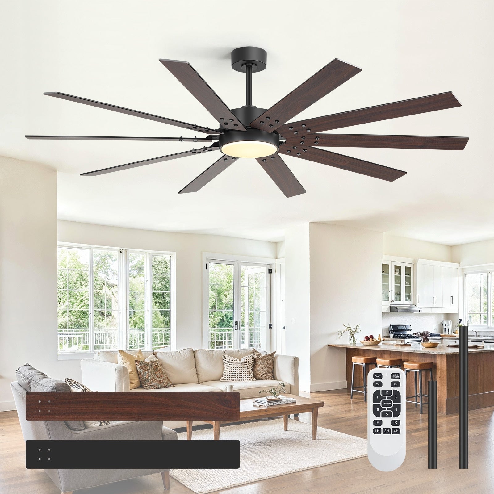 72 Inch Modern Ceiling Fan With Led Light And Remote Matte Black Dc Motor Fan With 10 Dual Finish Blades For Large Rooms