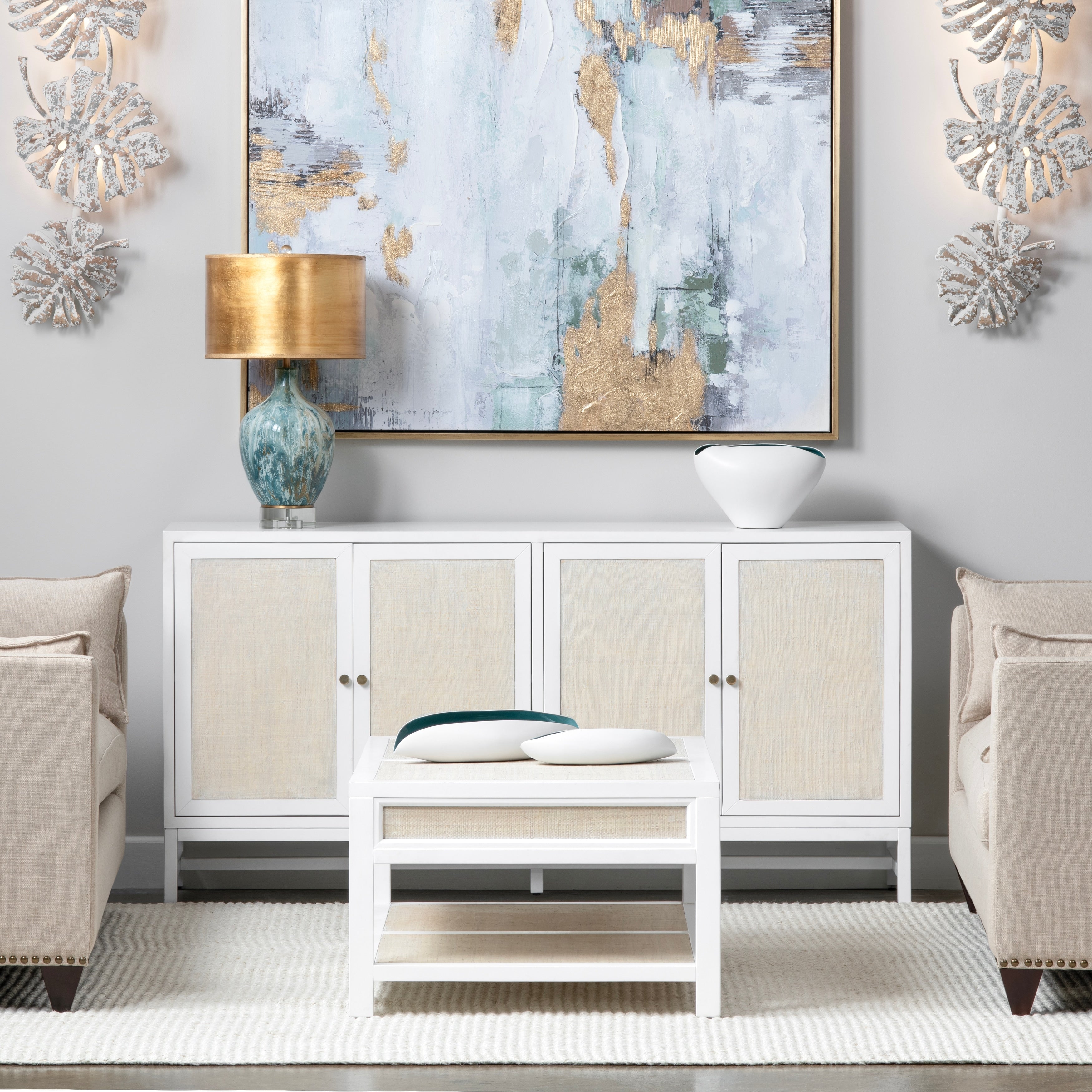 72 In. White Solid Wood 4 Door Media Credenza_Sideboard