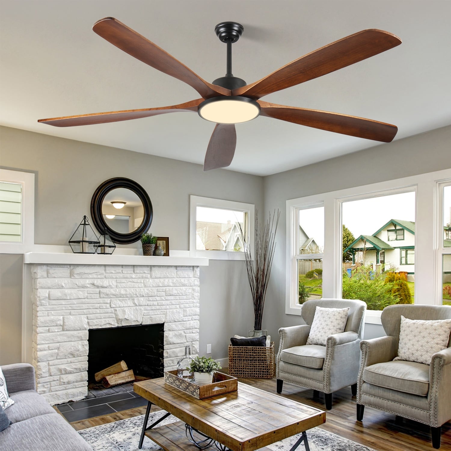 72 Inch Large Outdoor Ceiling Fan With Remote Control And Light With Three Color Dimming 5 Reversible Wooden Blades