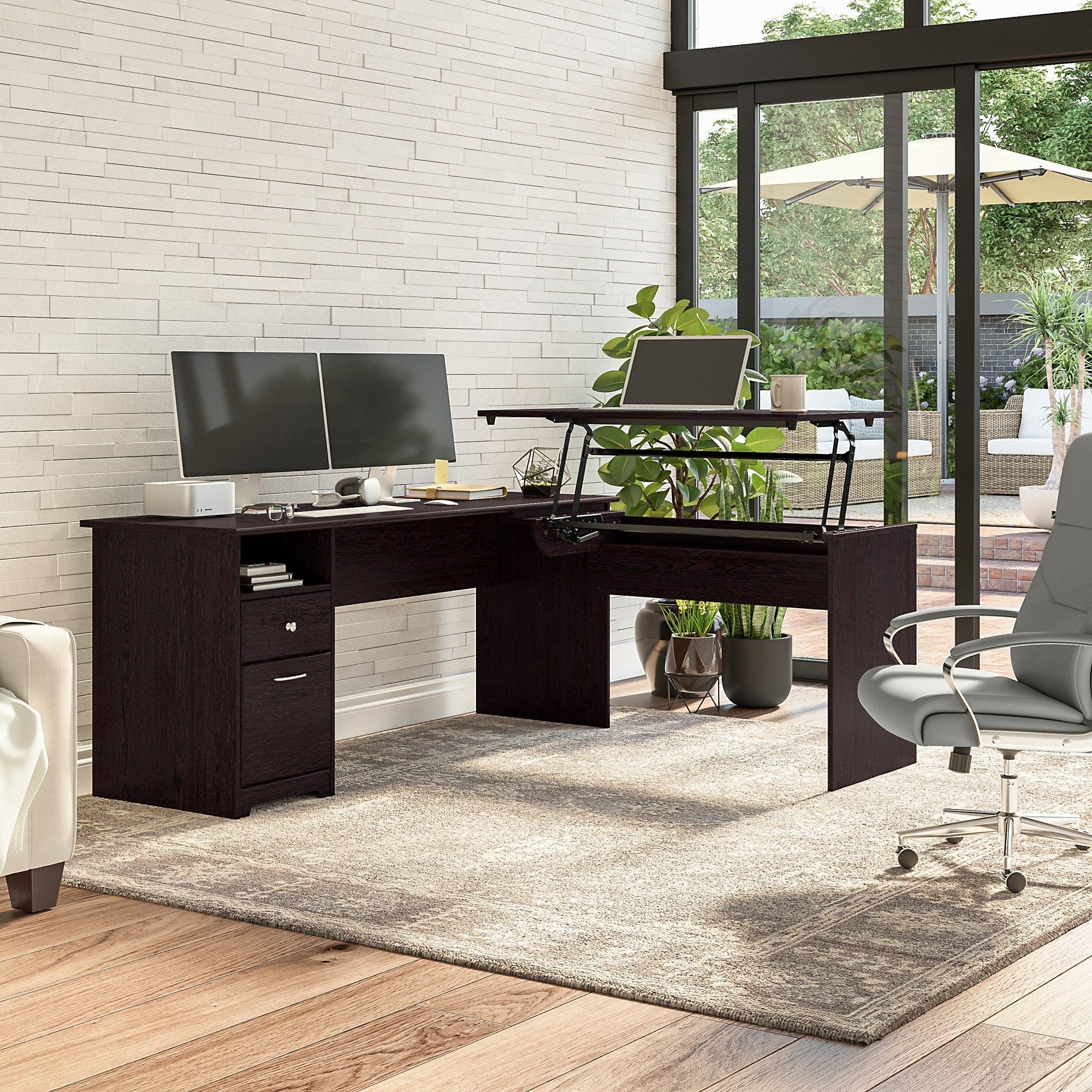 Porch Den Hale 72W 3 Position L Shaped Sit To Stand Desk In Oak