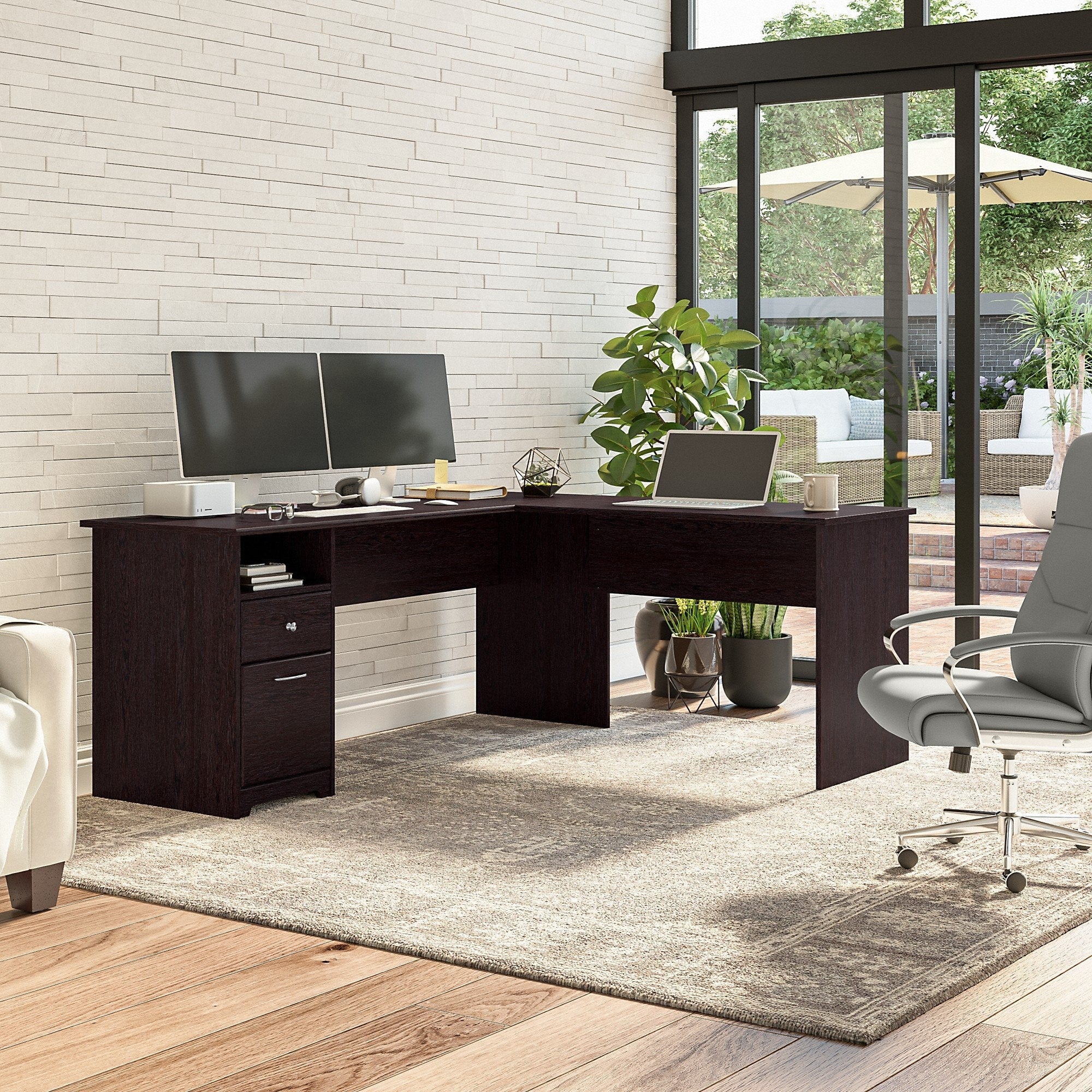 Porch Den Hale 72W L Shaped Computer Desk With Drawers In Espresso Oak