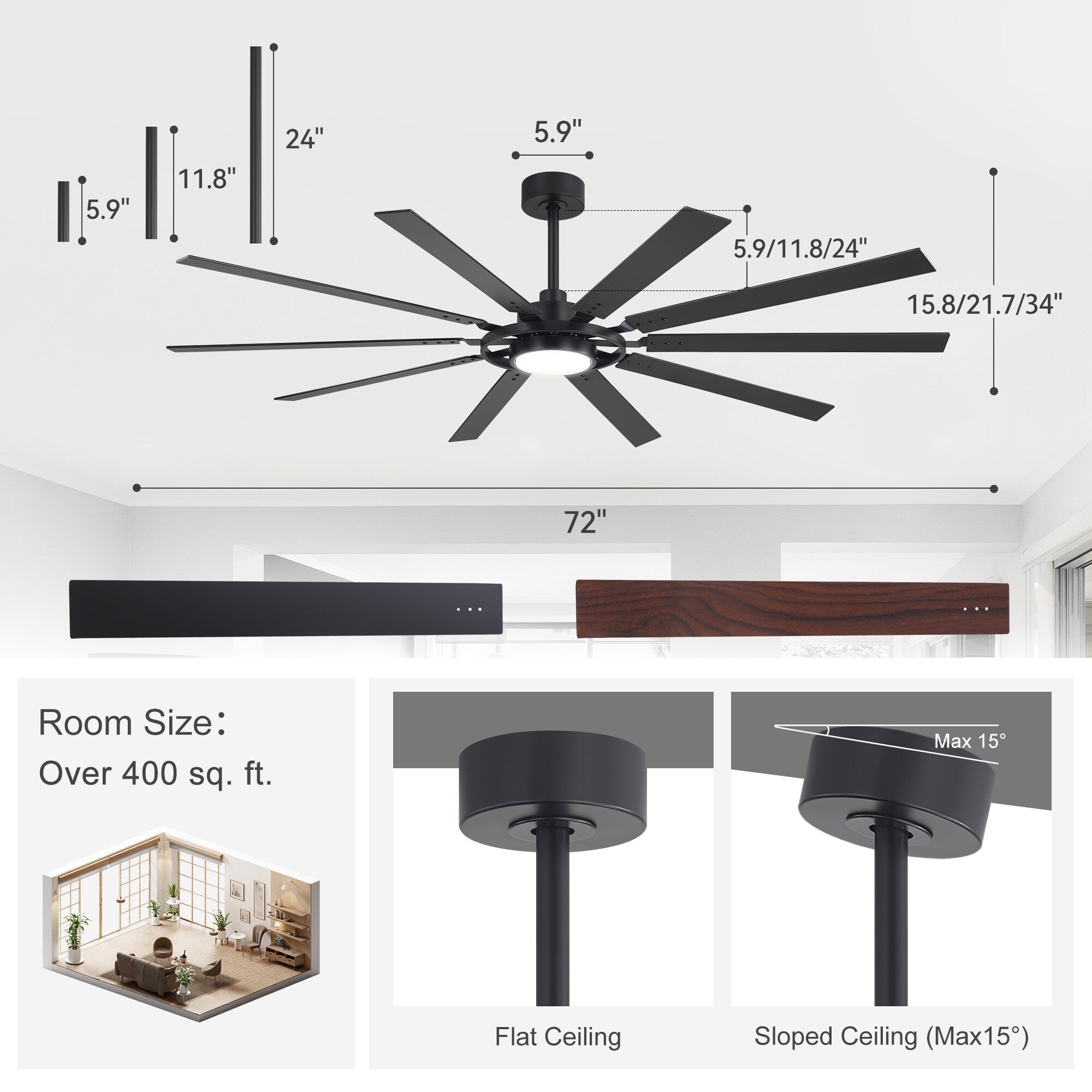 72 80 Large Windmill Ceiling Fan With Light And Remote 10 Reversible Blades