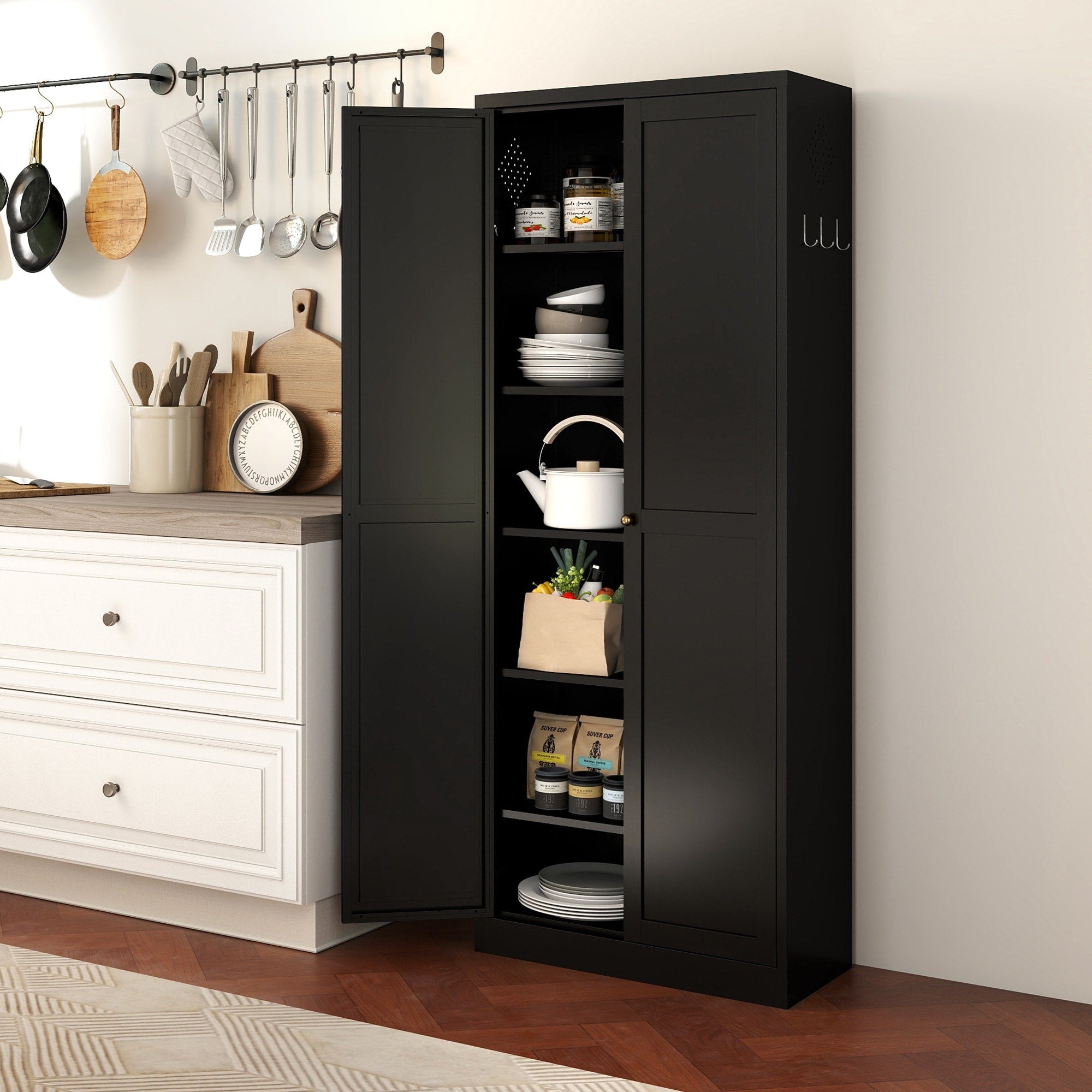 72 Black Metal Kitchen Pantry Cabinet With Doors Heavy Duty Freestanding Storage Organizer With 5 Adjustable Shelves