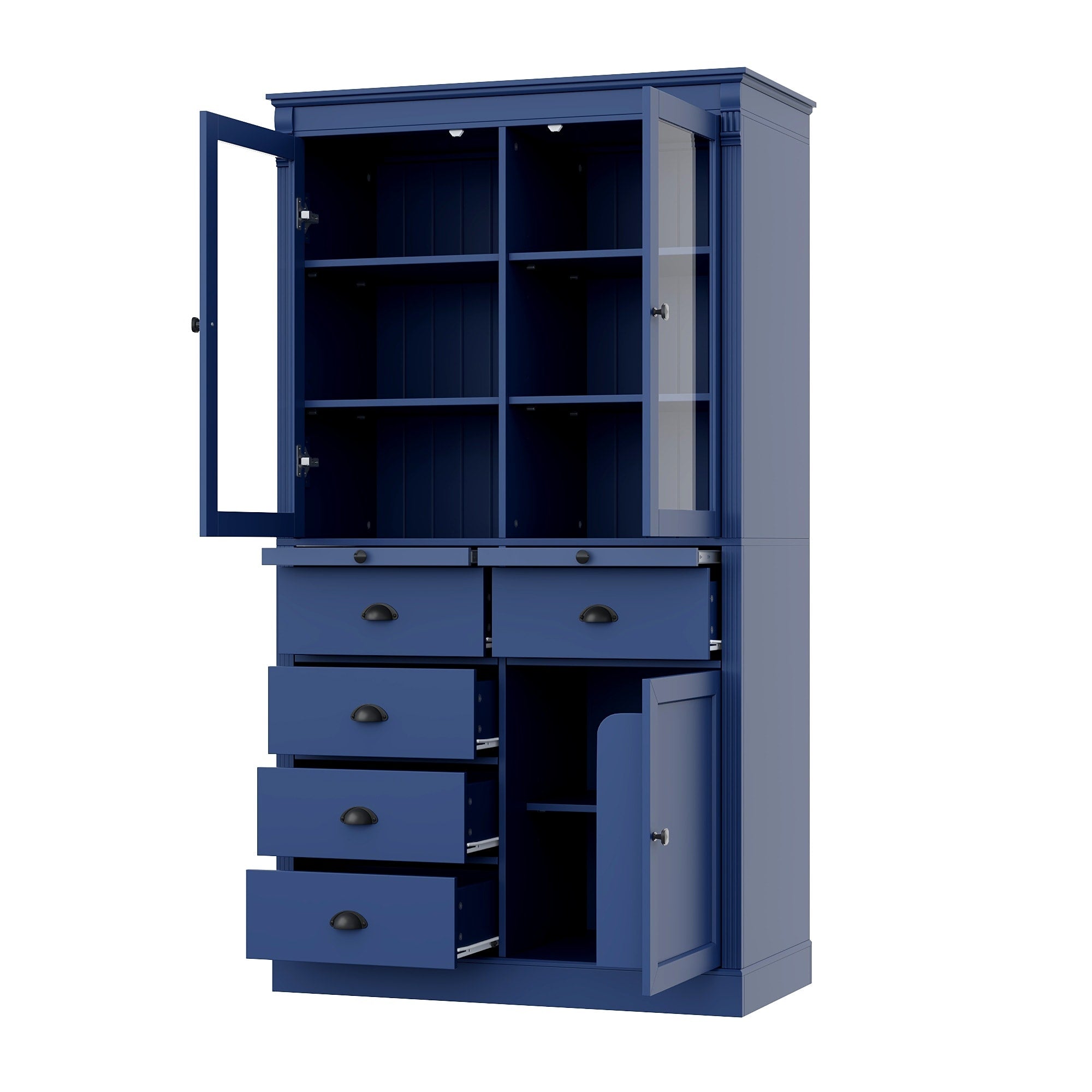 72H Kitchen Pantry Display Storage Cabinet With Glass Doors And Drawers Serving Trays And Shelves