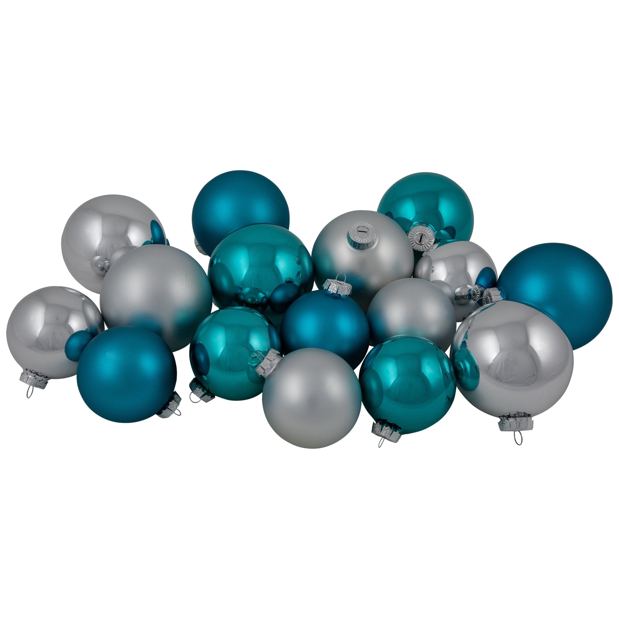 72Ct Turquoise Blue And Silver Shiny And Matte Glass Ball Christmas Ornaments 3.25 4