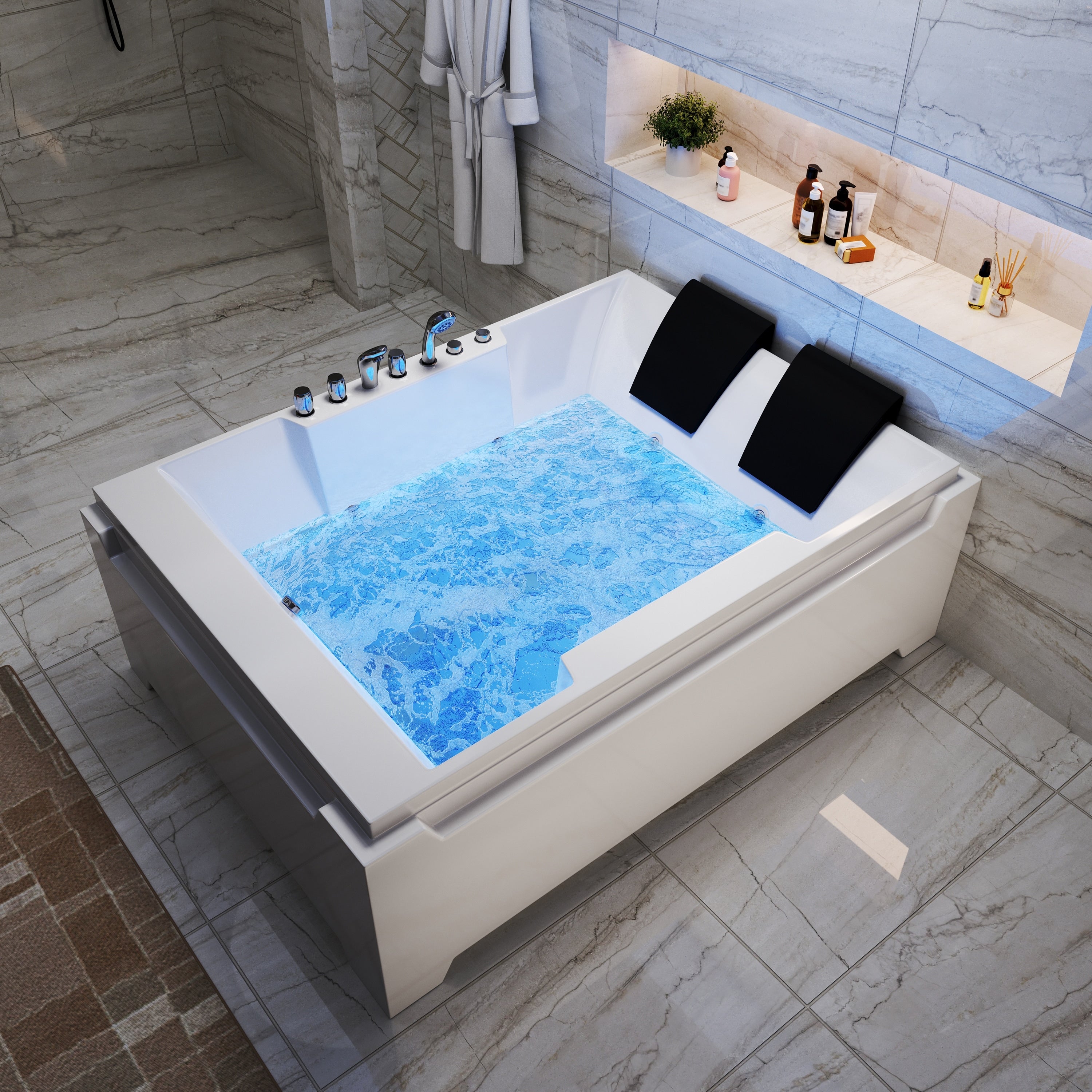73 In. X 48 In. Alcove Whirlpool Bathtub For 2 Person With Left Drain Hydro Massage And Chromatherapy In Milk White