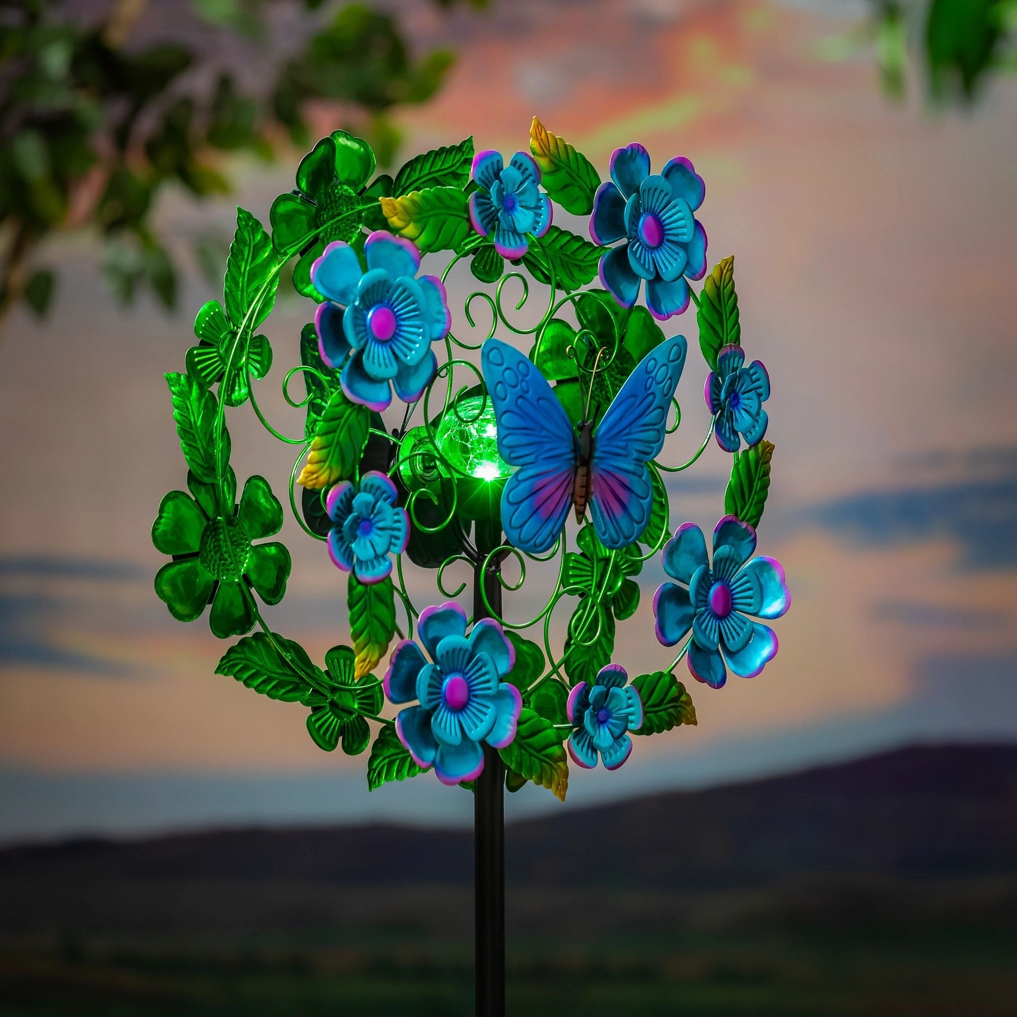74 In. Blueflower Butterfly Solar Metal Wind Spinner