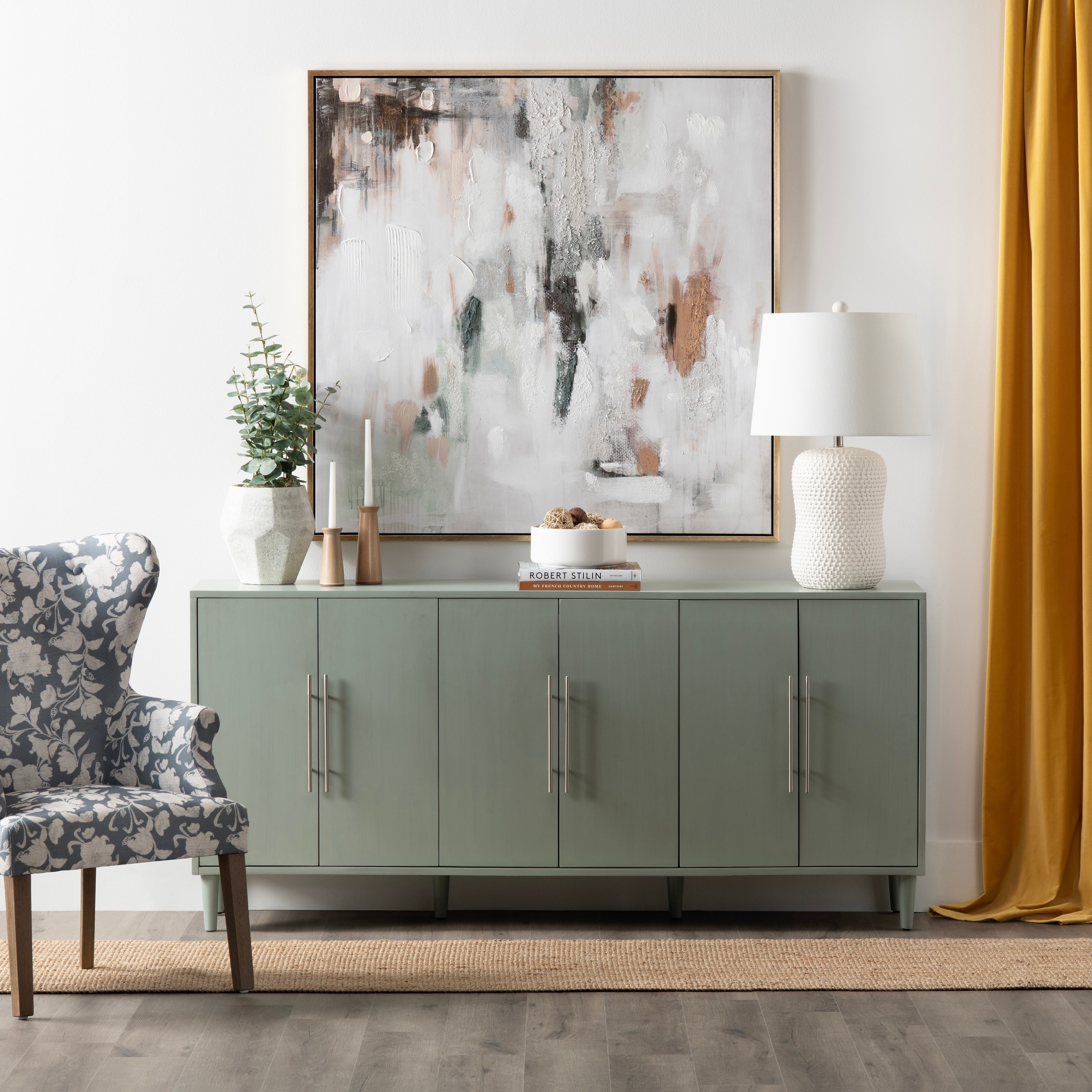 74 In. Green Wooden 6 Door Media Credenza_Sideboard