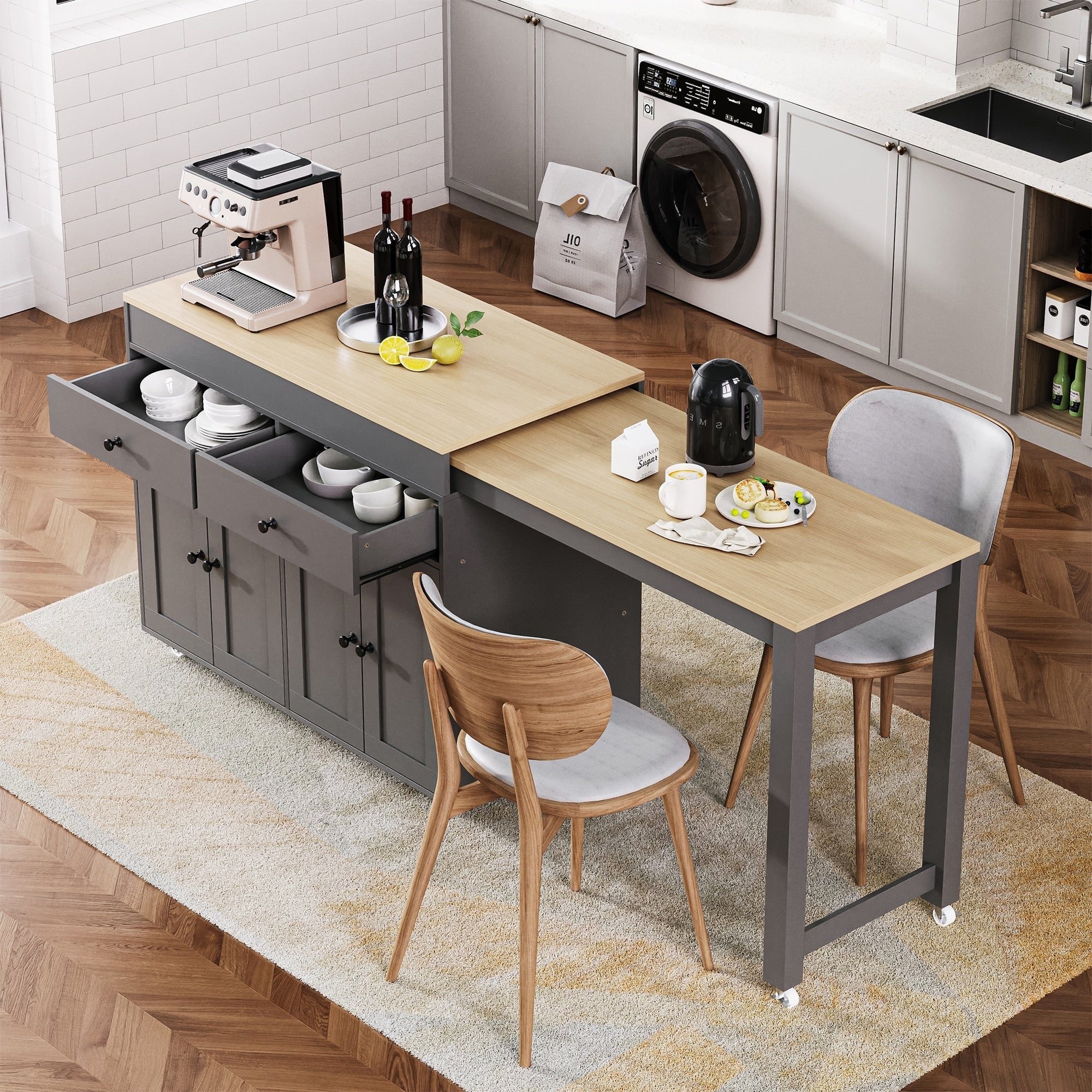 74.5 Kitchen Island With Extendable Dining Table Spice Rack 2 Drawers 4 Door Cabinet