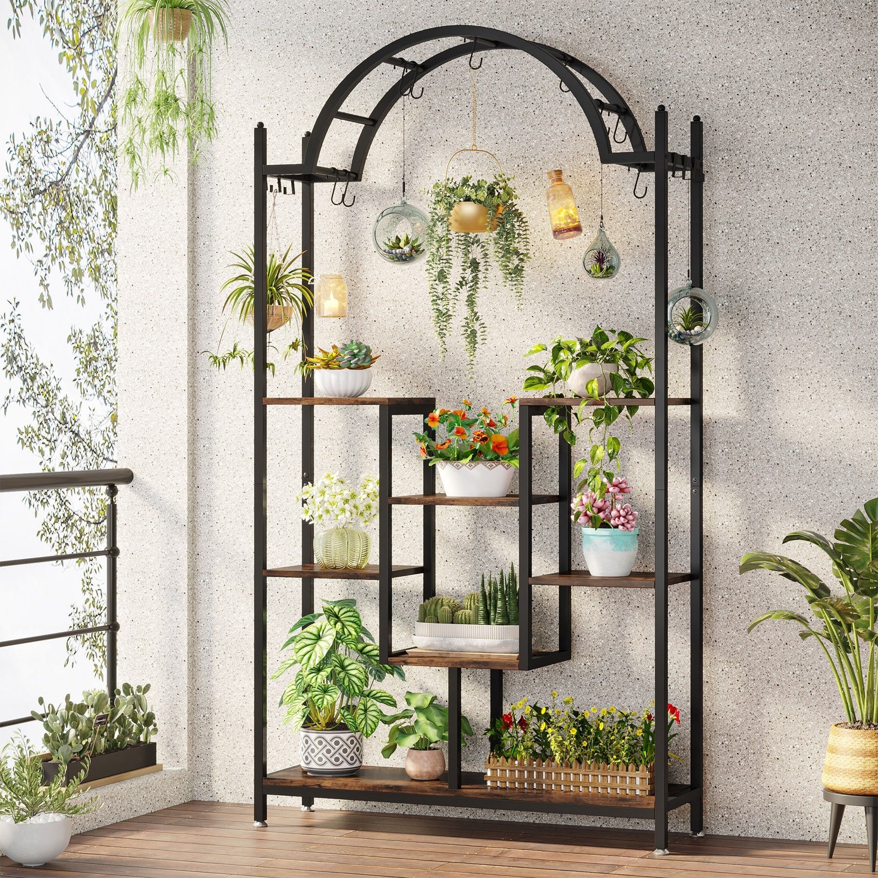 74.8 In. 5 Tier Indoor Plant Stand Flower Rack With Side Hanging Hooks And S Hooks