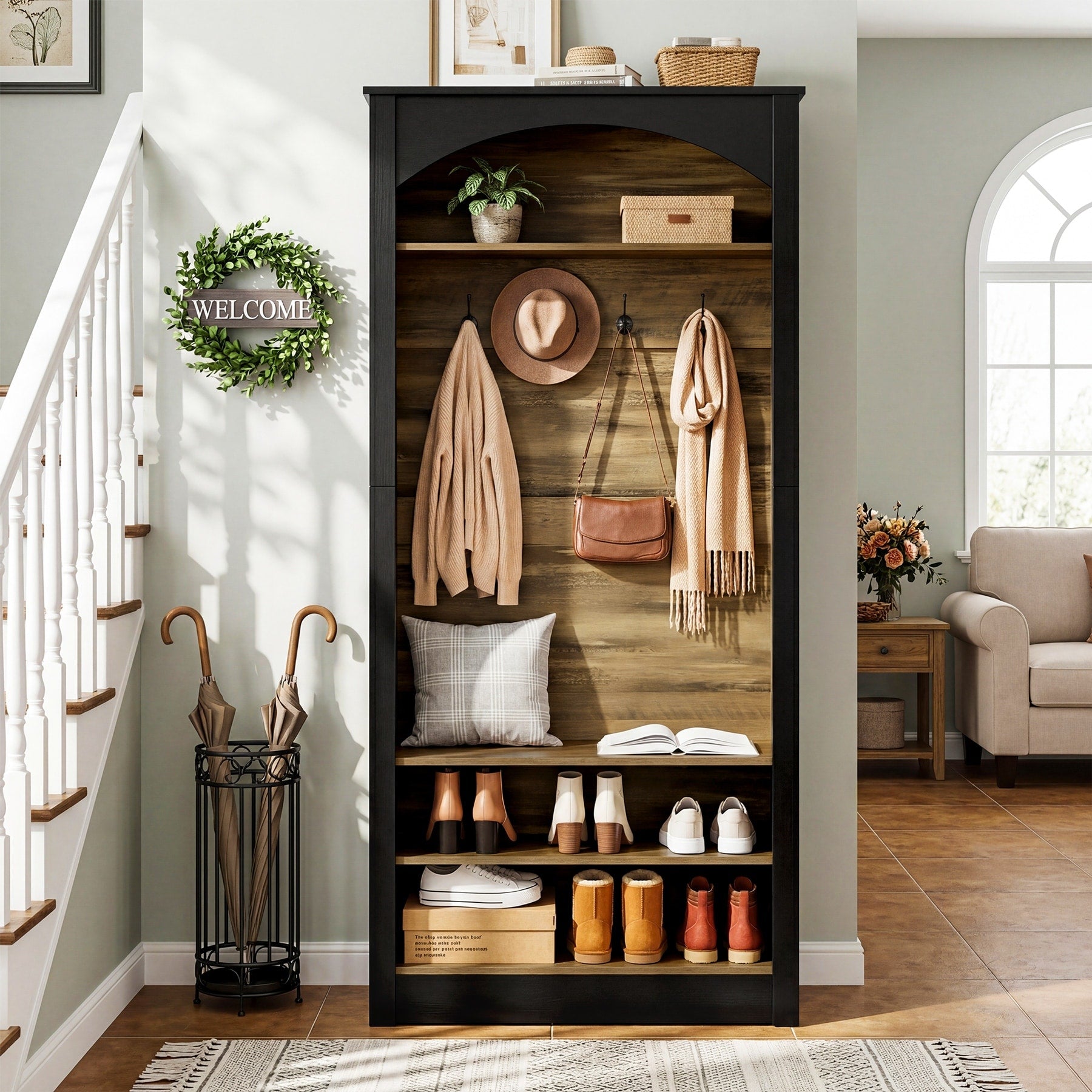 74.8 3 In 1 Entryway Coat Rack With 3 Tier Shoe Rack 4 Double Hooks Narrow Farmhouse Hall Tree For Entryway Hallway